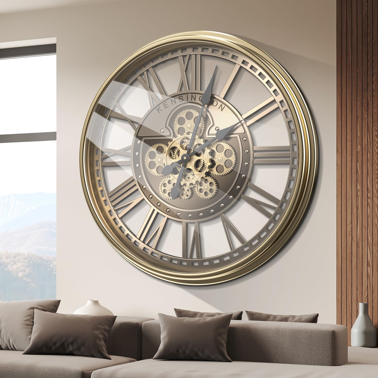 Tottshak Moving Gear Wall Clock for Living Room Decor, Large Modern Farmhouse Industrial Steampunk Metal Decorative Clock for Wall Art Home Office (Bronze/Vintage Gold-Roman, 21 Inch/53.5 cm)