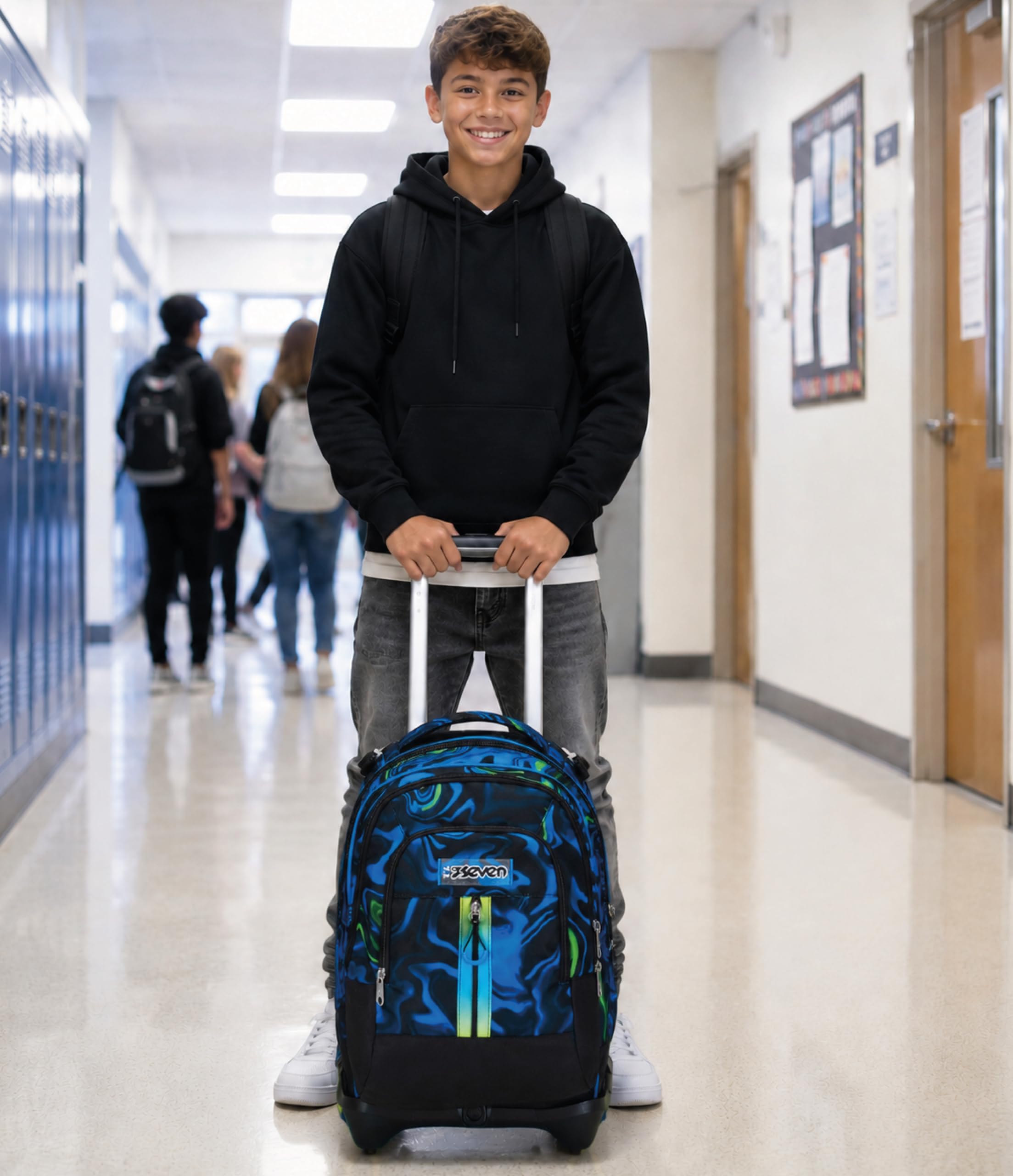 Seven Schulranzen mit Trolley-Funktion, Rucksack mit Rollen, zum Ziehen, für Schule Sport Freizeit, ab 1. Klasse, Detach, 3 in 1, mit Trinkflaschenfach, mit kleinem Rucksack, für Kinder, mehrfarbig