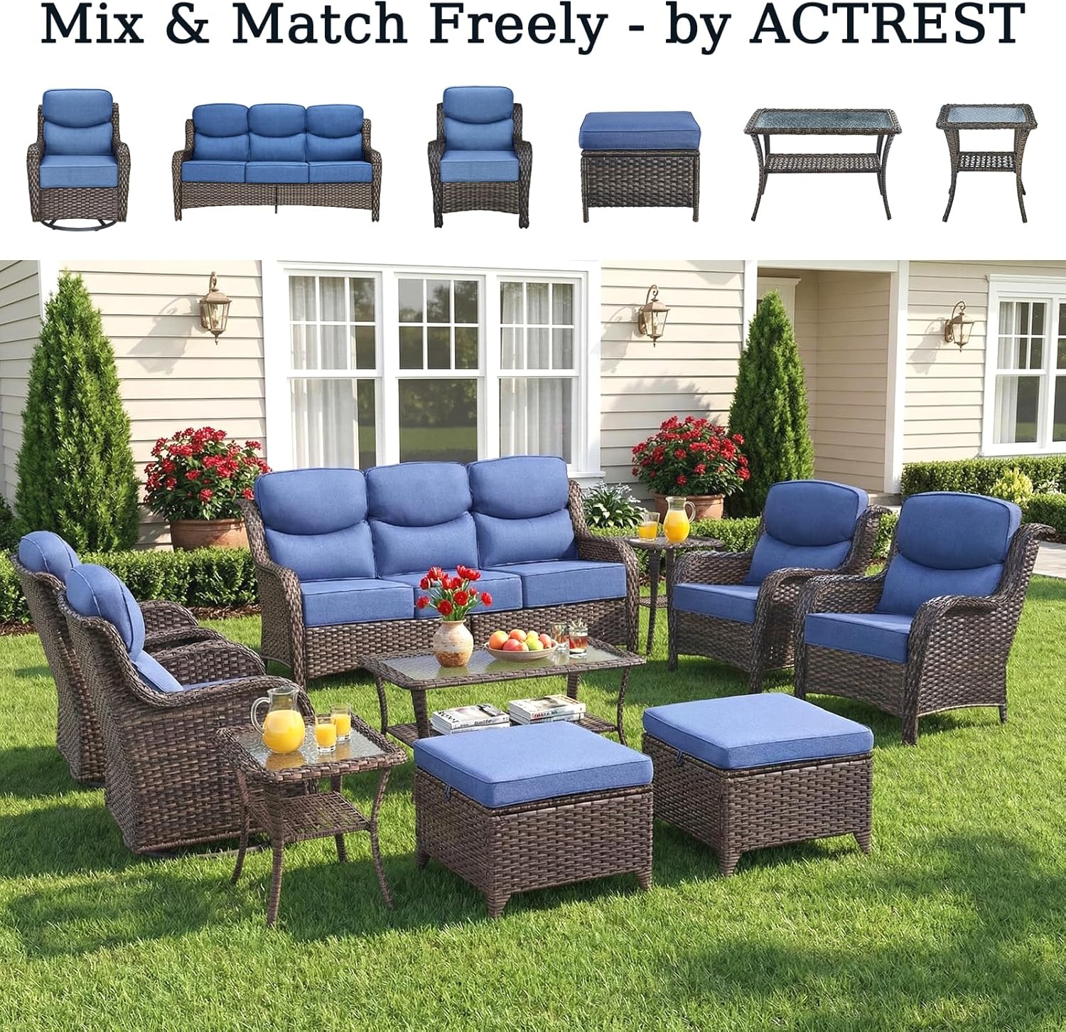 Luxury Patio 2-Seater Sofa Outdoor Loveseat with 6-Inch Smile Cushions - High Back Heavy Duty Comfortable Brown Wicker Rattan Furniture for Porch Balcony Deck Poolside Garden - Navy Blue