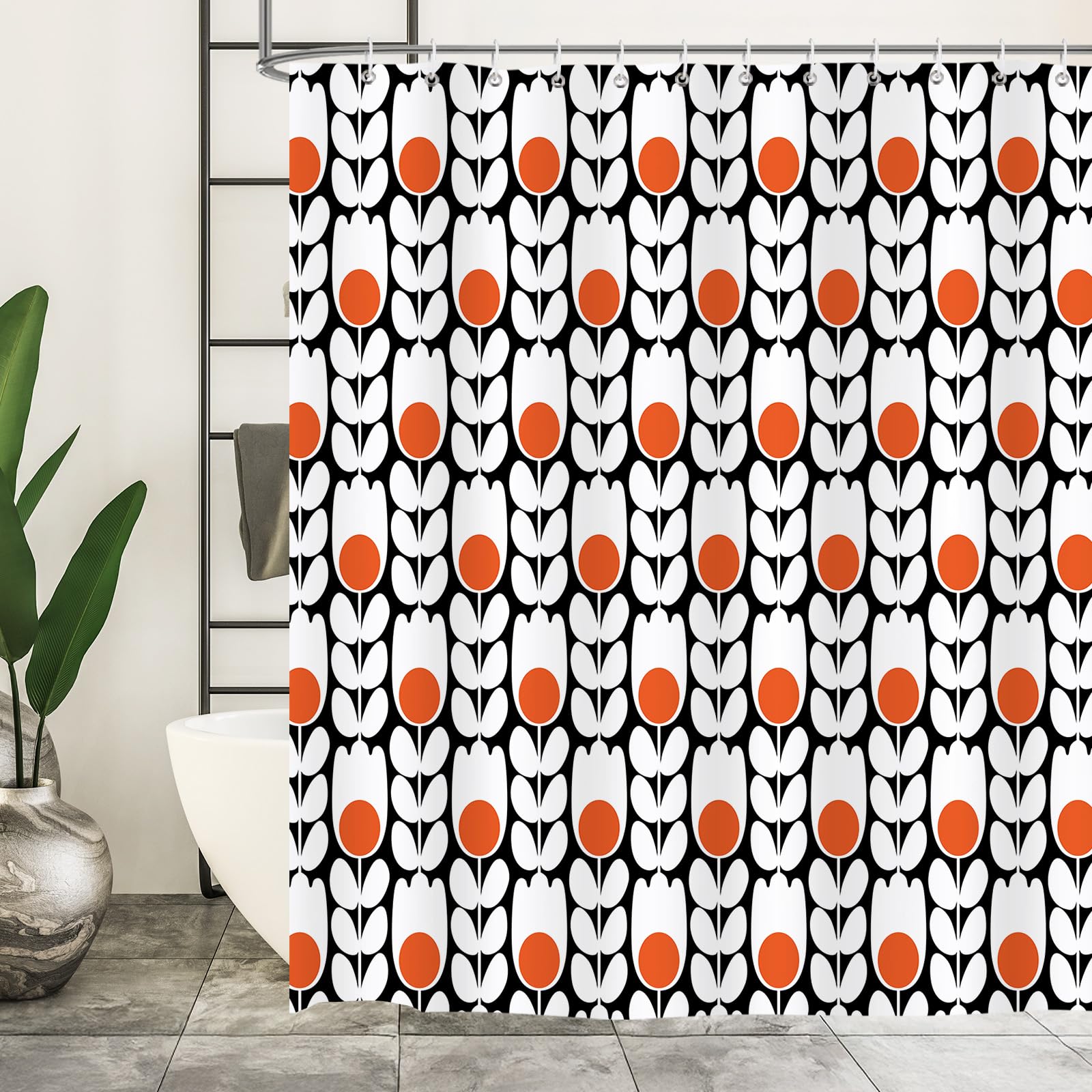 BREASOME Orange Floral Shower Curtain 180 x 180 cm for Bathroom Decor Mould Proof Waterproof Polyester Fabric Bath Curtain with 12 Hooks - Image 3