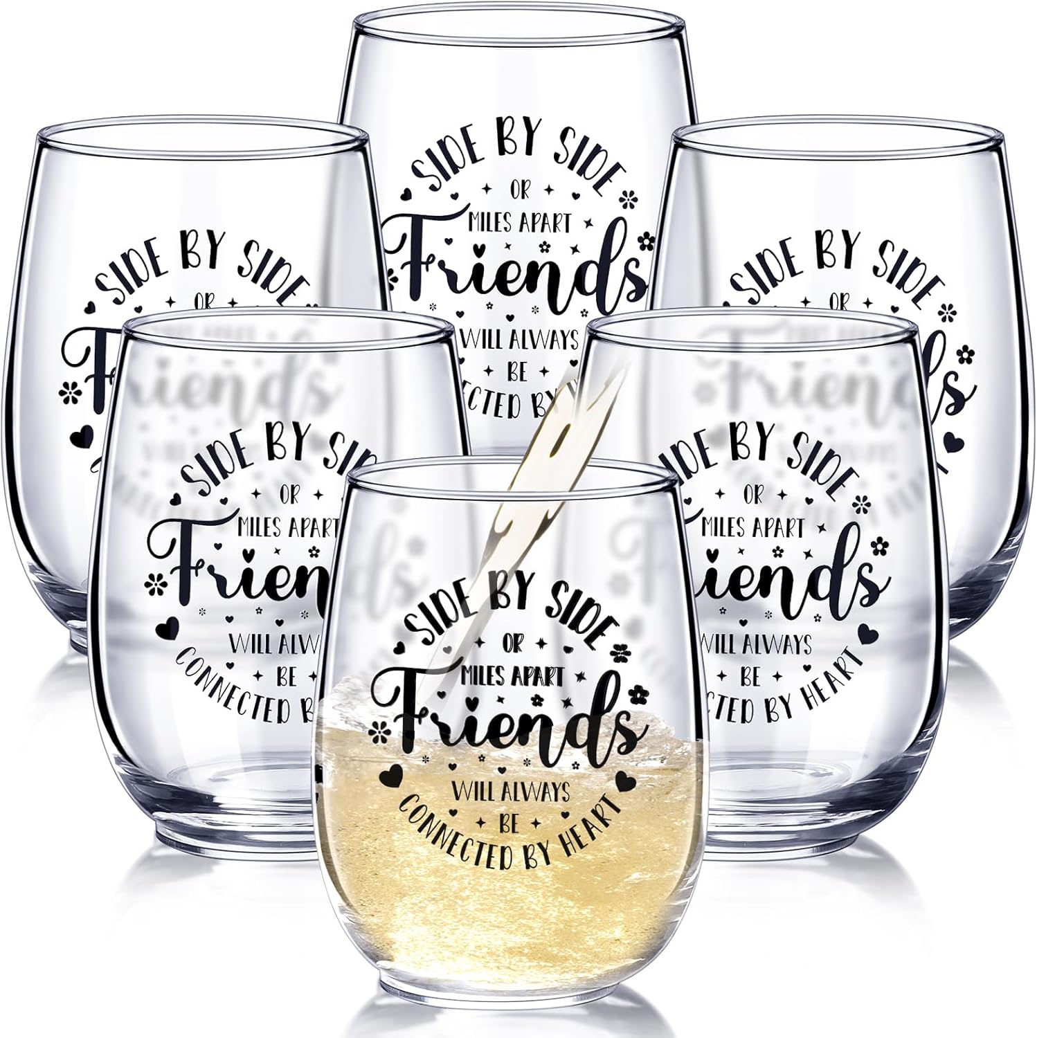Irenare 6 Pcs 15 oz Friends Wine Glasses Set, Friend Friendship Gifts for Women Friends, Stemless Wine Glasses for Birthday Galentines Gift for Women, Sister, Mom, Grandma, Nana, Her