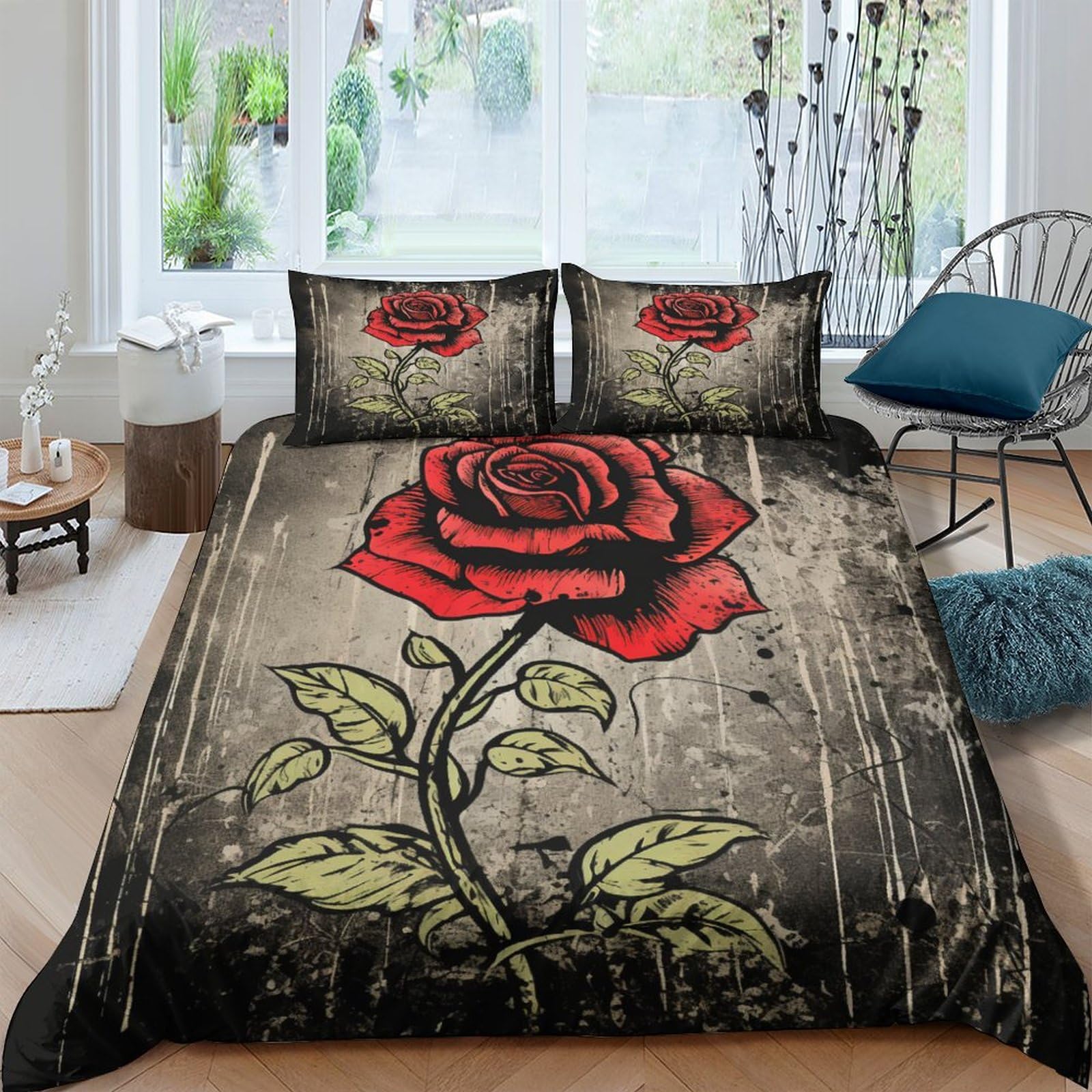 Housse de couette roses anciennes 3D fermeture éclair parure lit sans repassage