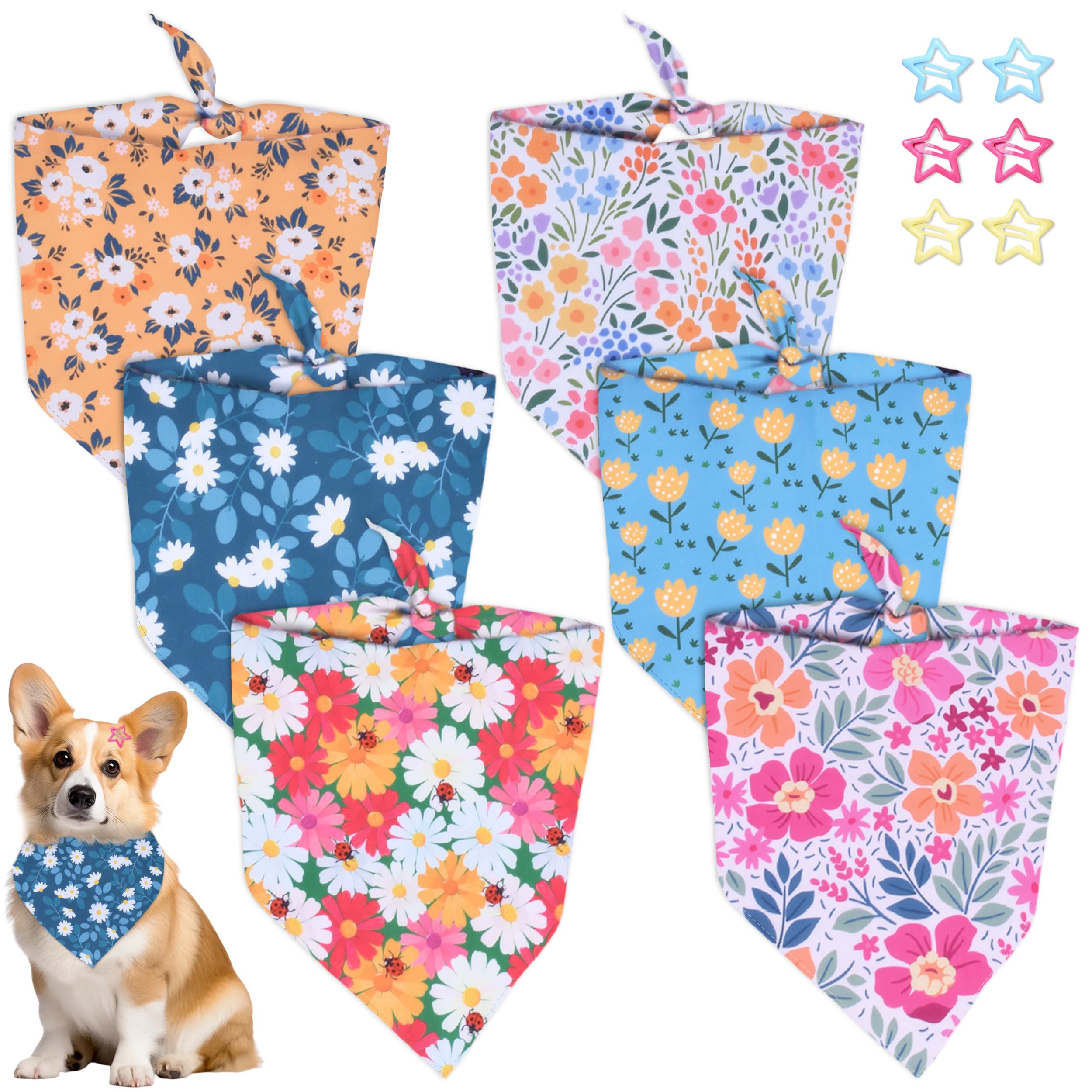 Hunde Bandana Kopftücher, 6 Stück Hundehalstuch und 6 Stück Stern Haarspangen, Hundebandana Dreieckstuch Hundehalstücher Katzenhalstuch für Kleine Mittel Hunde Katzen