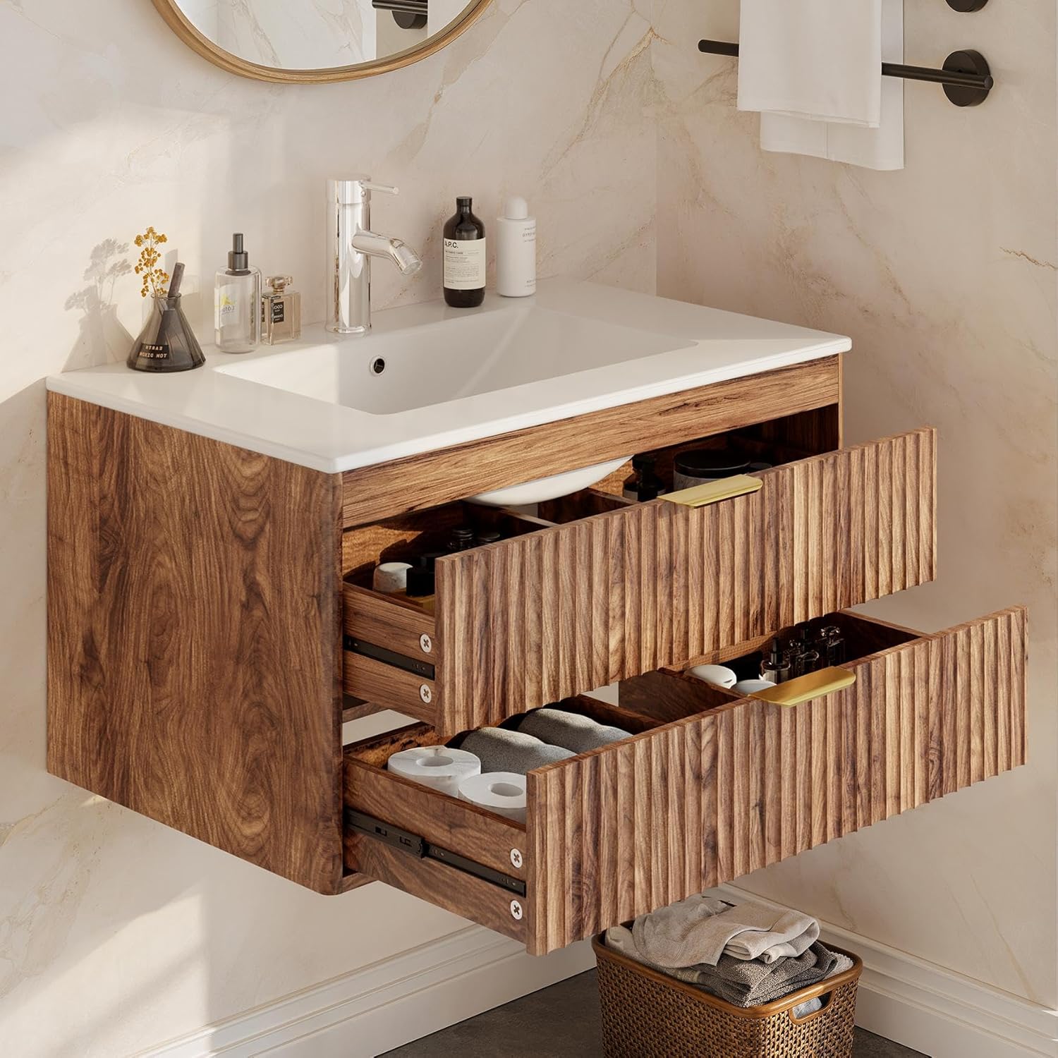 30 Inch Bathroom Vantiy with Ceramic Sink, Floating Bathroom Vanity with 2 Drawers, Wall Mounted Floating Cabinets (30", with Sink, Brown)