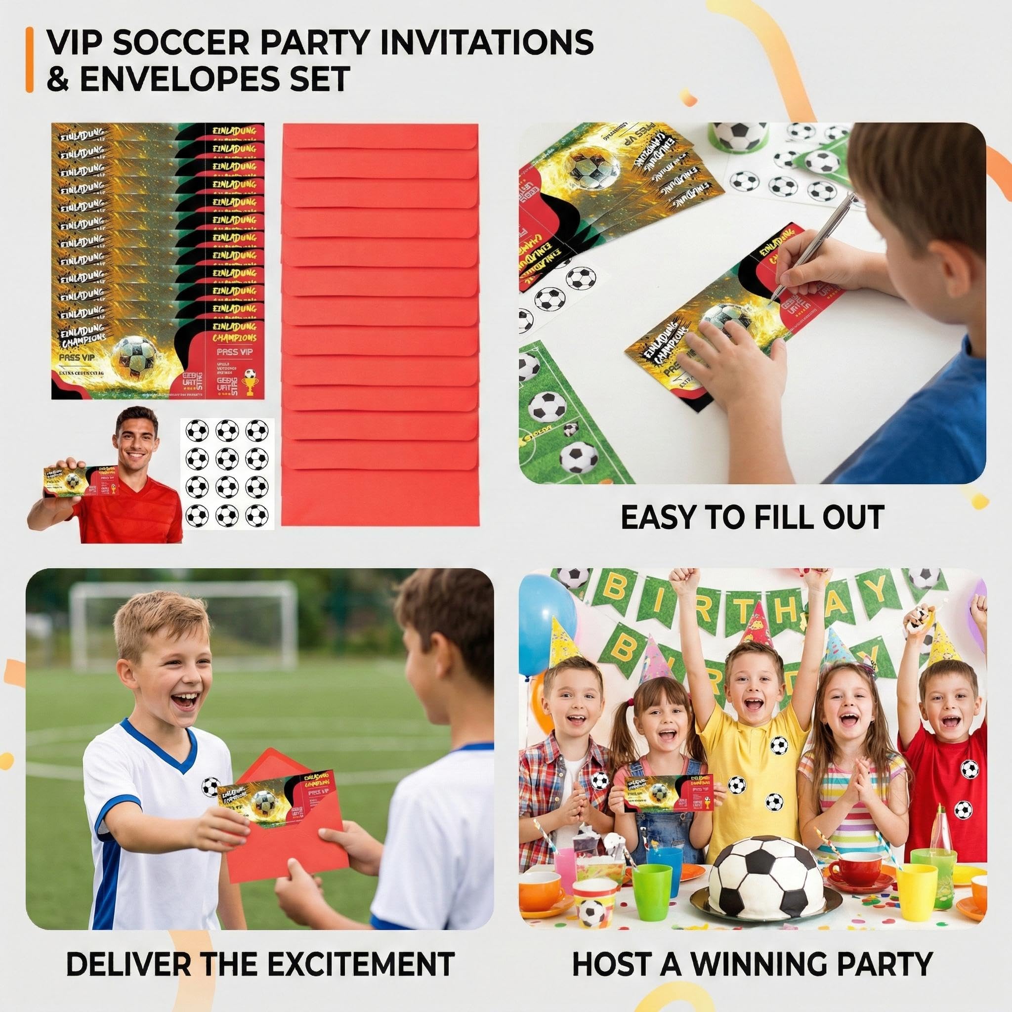 Biglietti Invito Compleanno Bambino Calcio 12 Pezzi con Buste Rosse e Adesivo Decorativo 18x7cm