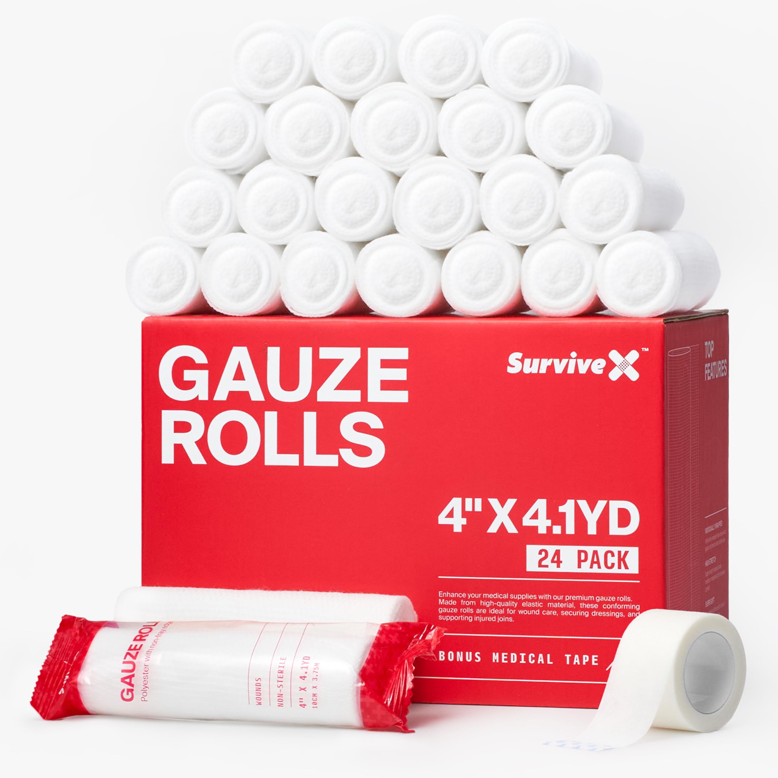 SurviveXPremium Gauze Rolls - Stretch Rolled Wrap for Wounds - Conforming Bandages - 4 inch x 4.1 yds - FSA HSA Approved - 24 Pack