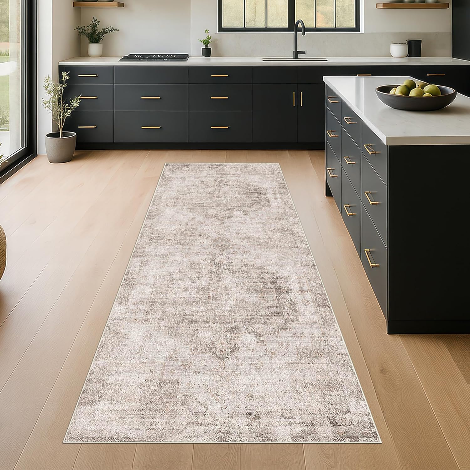 Stain Resistant 2x6 Kitchen Runner Rugs Washable Non Slip - Beige Tan Long Bathroom Runners, 0.25" Low Pile Rubber Backing Rug for Hallway, Entrance Indoor, Modern Farmhouse Home Decor