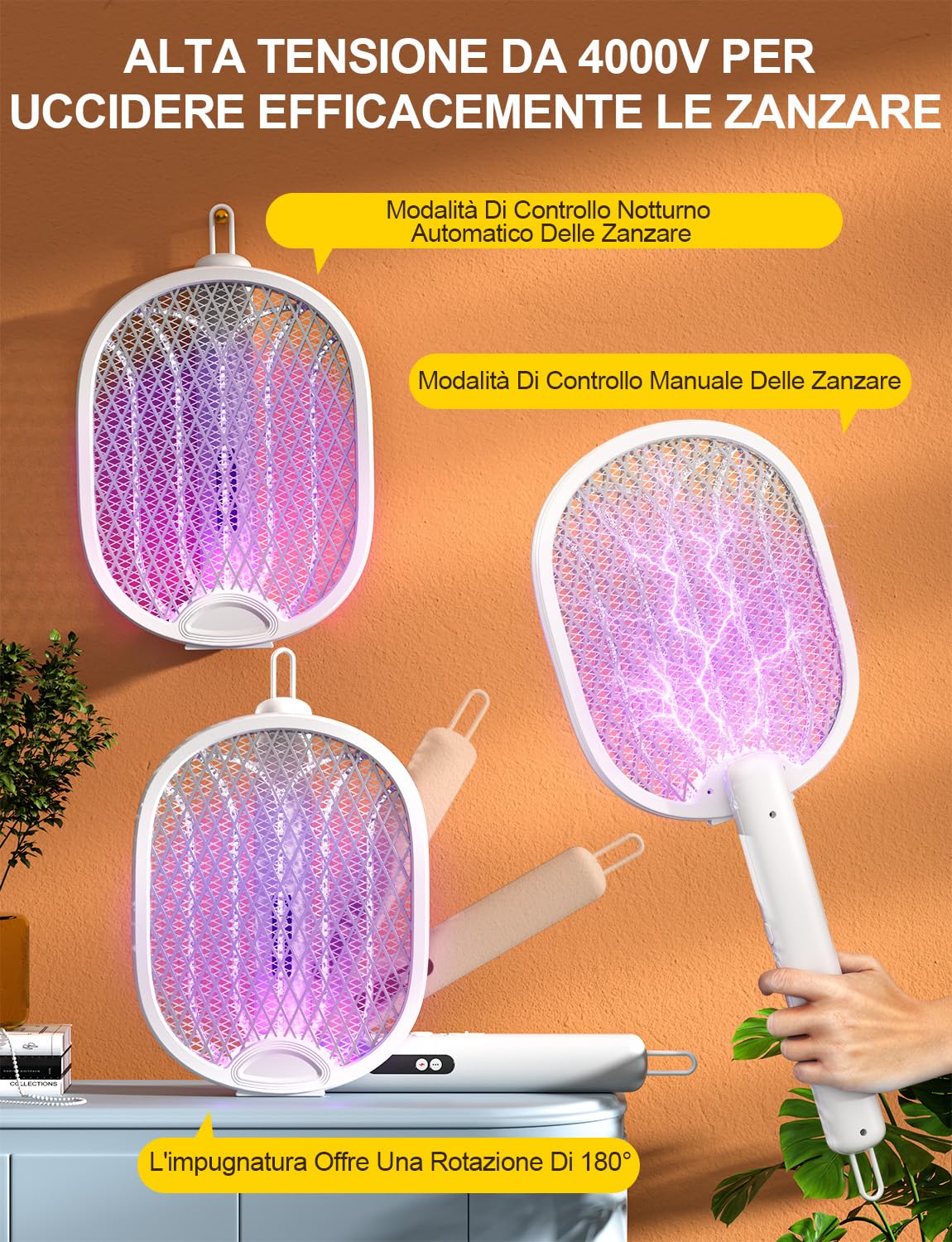 Racchetta Zanzare Elettrica Pieghevole 4000V 1800mAh 3 in 1 Scacciamosche Elettrico USB Ricaricabile Insetti Scacciamosche Portatile e Luce LED Adatto per Interni ed Esterni