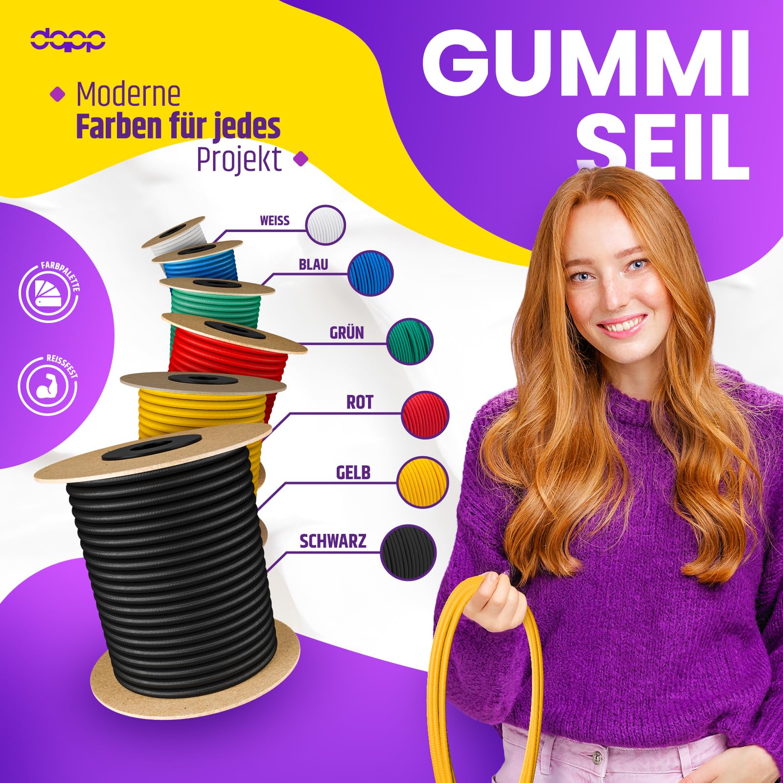 DQ-PP Corda in gomma gialla – 8 mm – 100 m – Cavo di gomma elastico per teloni