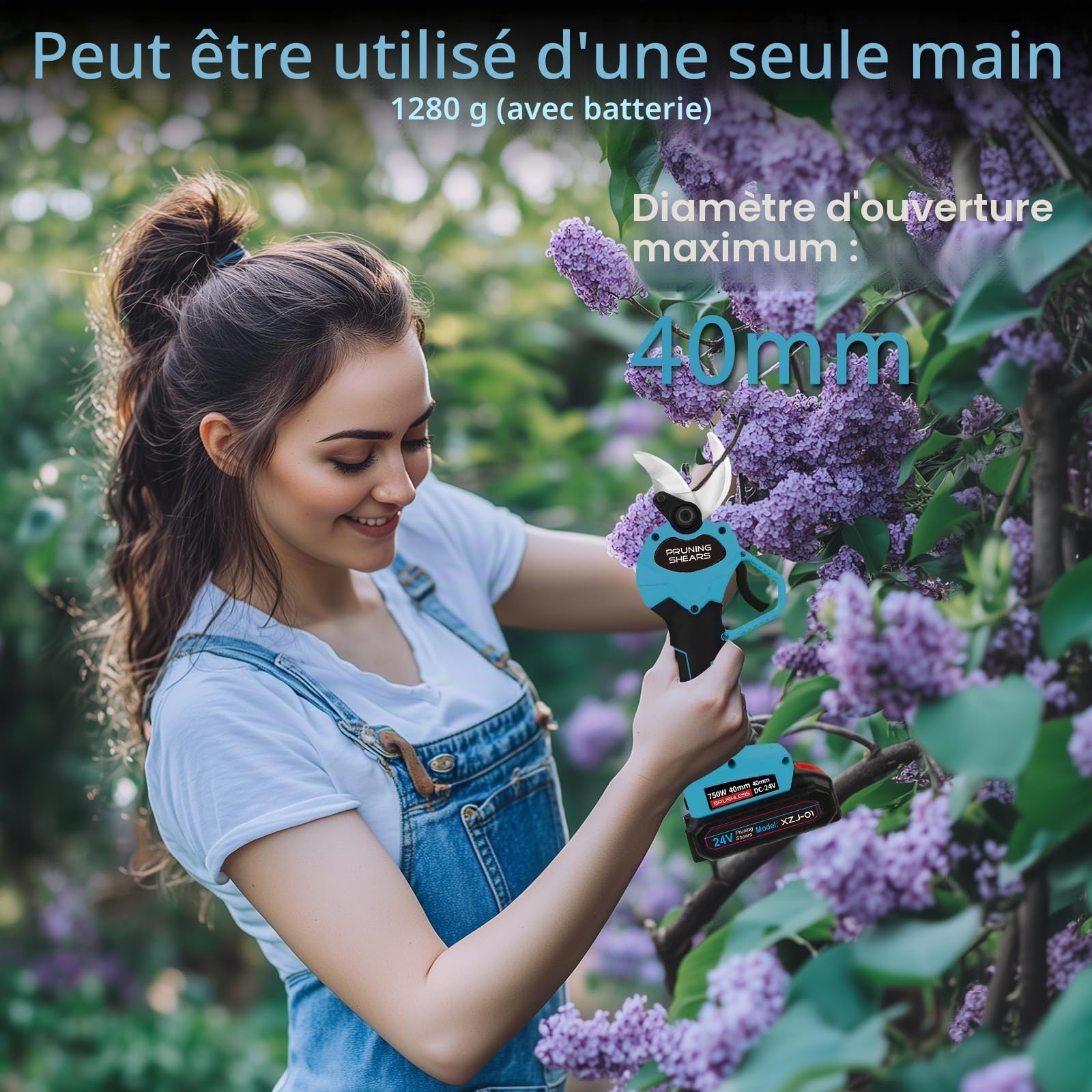 Sécateur électrique sans fil Nexalite 40 mm, 2x3000 mAh, lame SK5, sécurité | Coupe 40 mm; 2 batteries 3000 mAh; lame SK5 antirouille; double verrouillage; 1 kg, une main; verger/vigne/haies
