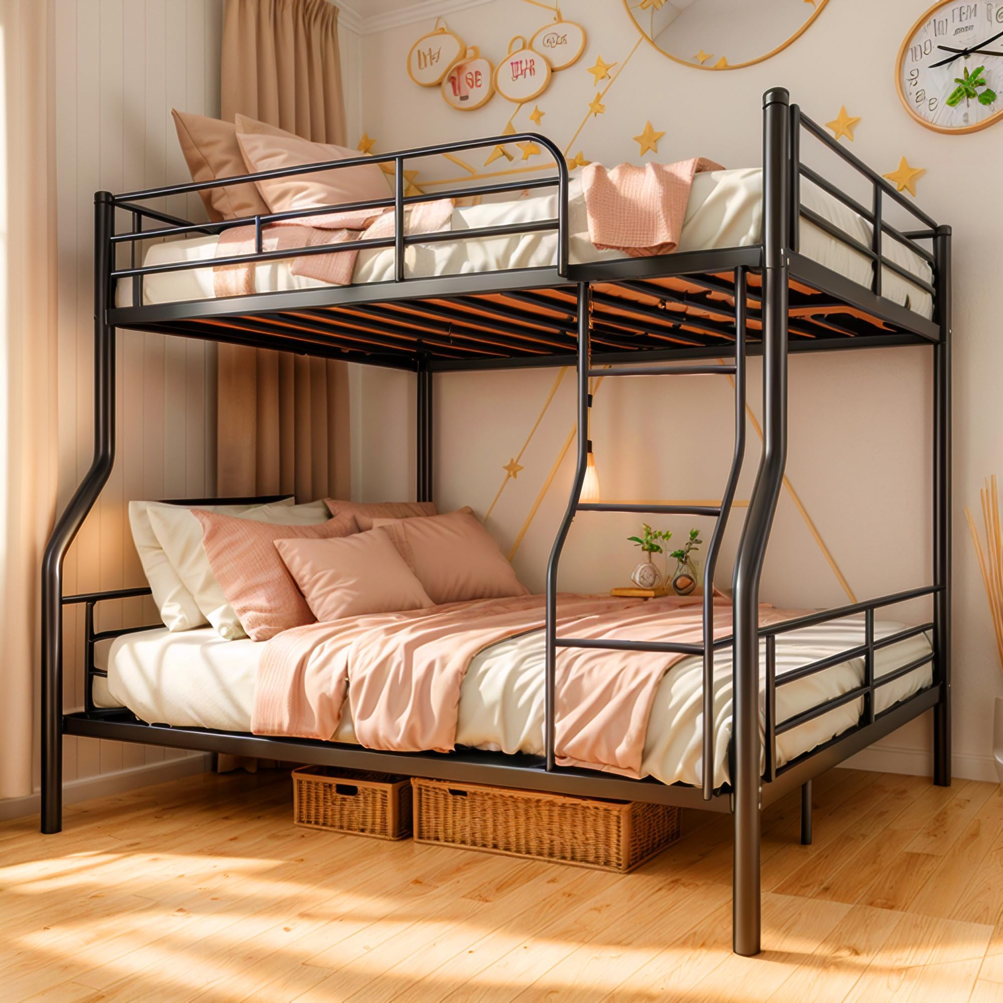 New Upgrade & Stronger Metal Triple Bunk Bed, Heavy Duty Steel 3 Bed Bunk Beds with Ladder & Guardrail for Kids Adults Teens Boys, No Box Spring Need, Black (Full XL Over Queen BUNK Bed)