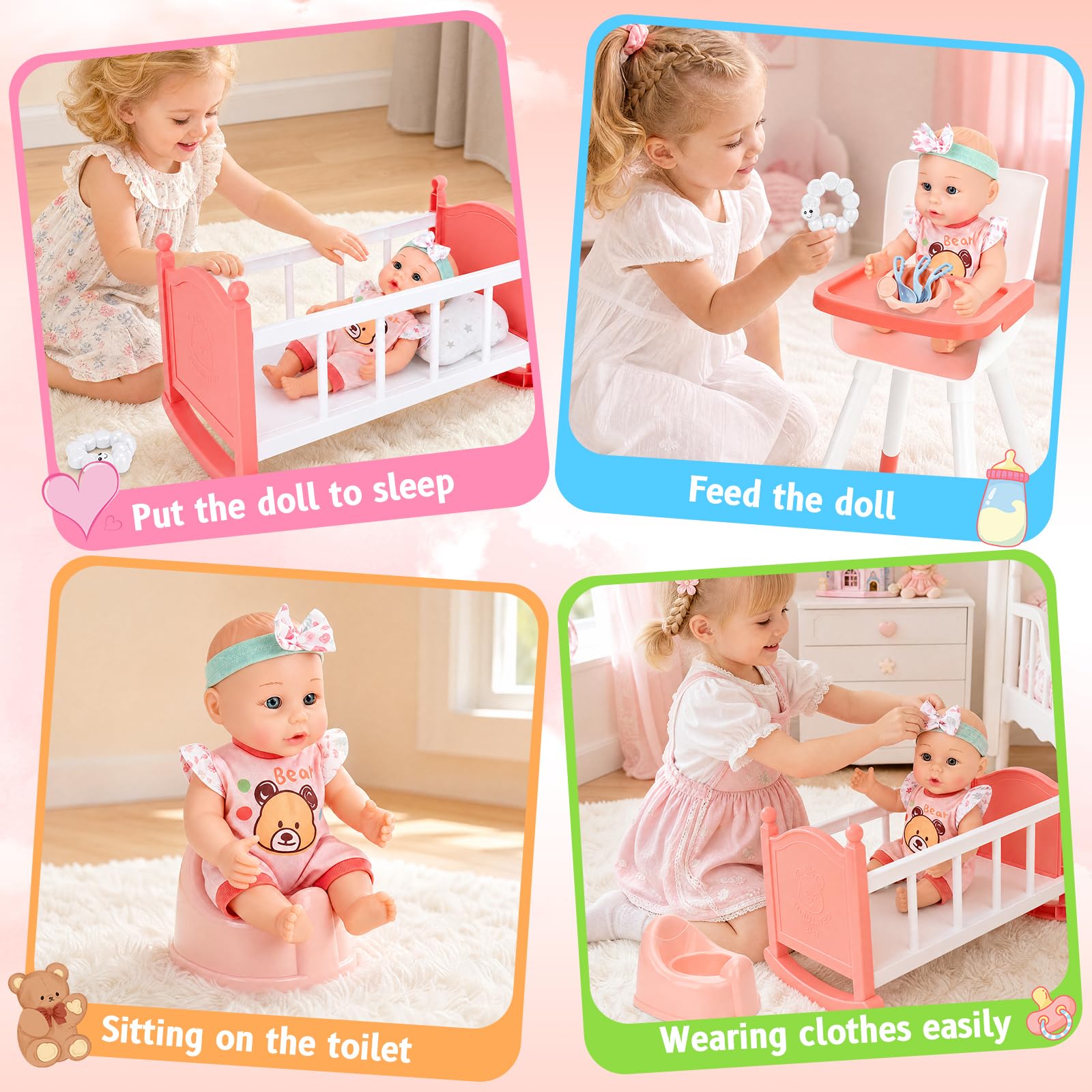 deAO Bambola con Accessori, Lettino e Seggiolone, Rosa | 30 cm Set di Giocattoli per Bambole con Giunture Mobili per Giochi di Ruolo e Regalo Bambini 3+