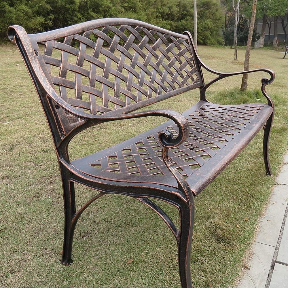 Metal Park Bench Outdoor Garden Bench Weatherproof Cast Aluminum Patio Benches Retro Courtyard Bench with Backrest and Handrails