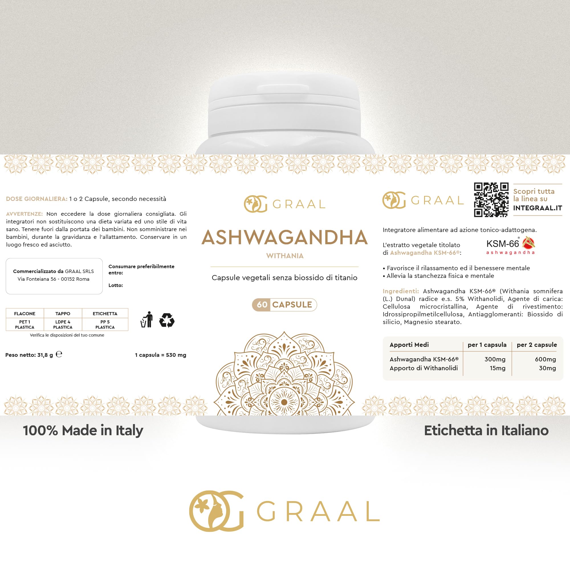 Graal Ashwagandha KSM-66 60 Capsule - Tonico Adattogeno Antistress, Migliora Sonno, Energia e Benessere Mentale, L’ashwagandha Ideale per Recupero Psico-Fisico