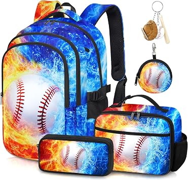 Boys Baseball Backpack with Lunch Box Pencil Case and Coin Purse | 4 PCS School Bookbag for Boys, Elementary Bookbag, Lightweight Backpack Set for Kids Children & Teens 17"