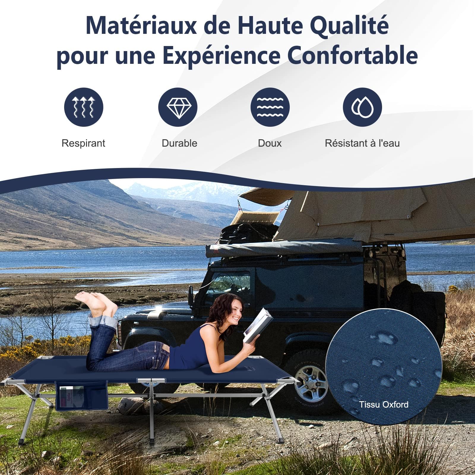 GOPLUS Lit de Camping Pliant, Lit de Camp 1Personne Extra Large avec Poche de Rangement et Sac de Transport, 106x215x49CM, Charge 150KG (Fer)