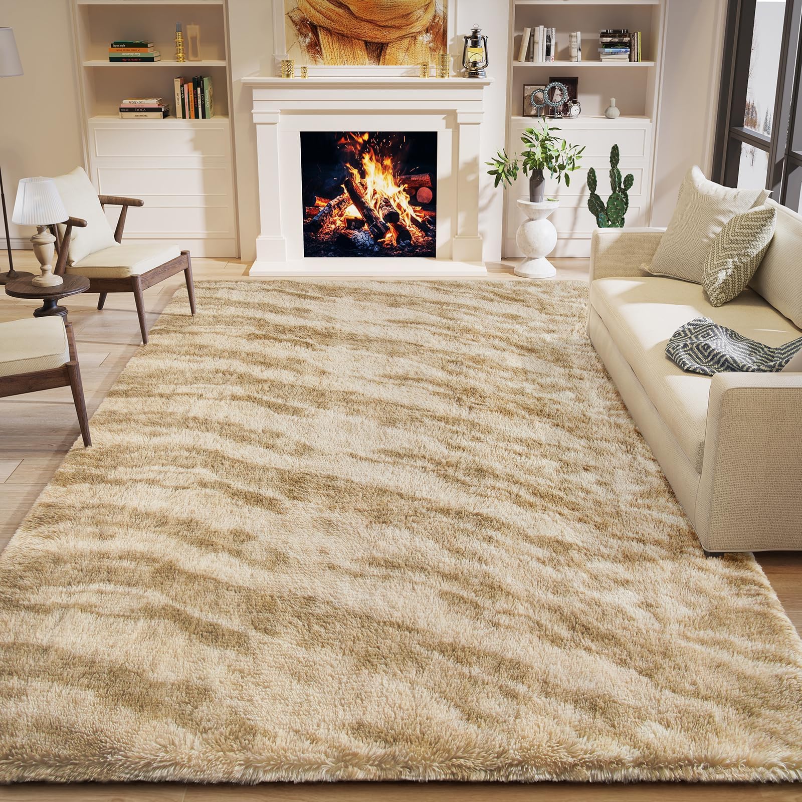 HOMORE 4x6 Area Rug for Bedroom, Tie-dye Beige Fluffy Furry Shaggy Rugs for Living Room, Super Soft and Comfy Carpet for Kids Room, Cute Carpets for Nursery Boys Girls Home Decor