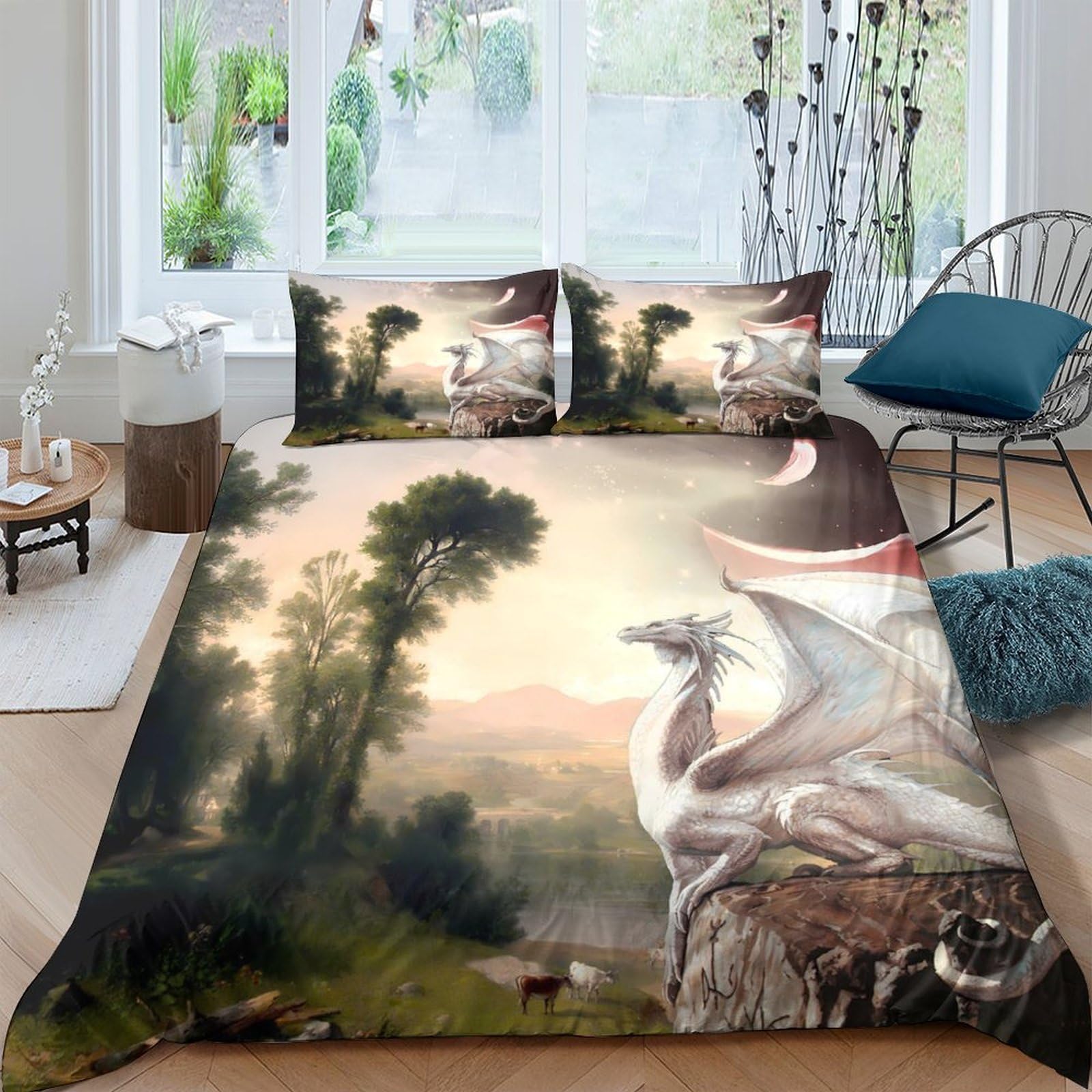 Ctjqhvkz Style-5 3D Printed Forest Sunrise Fitted Sheet Microfiber Soft Swan Lake Mattress Cover For Bedroom Decor Mattress Protection Single（135X200cm）