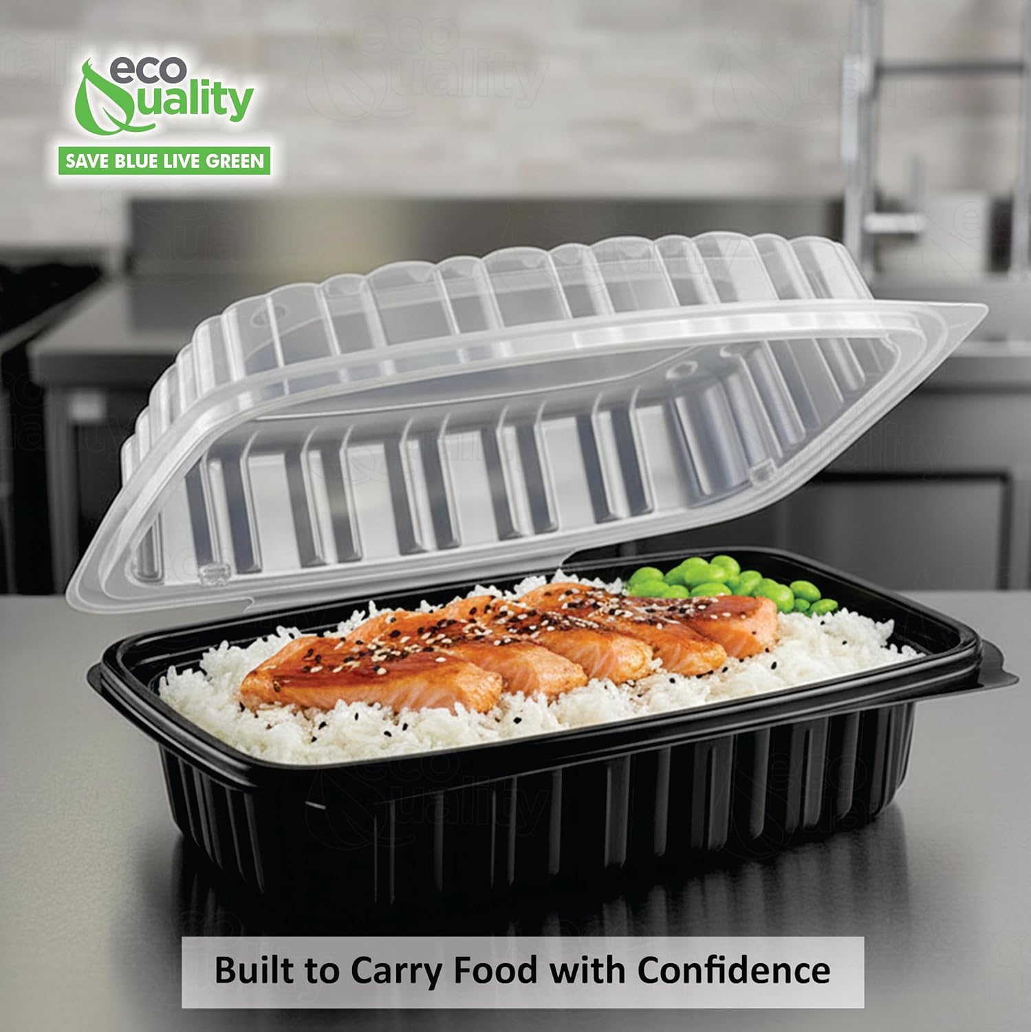 Clamshell Container 9x6 Black Base Clear Lid - Take Out, Delivery, Bakery, Cupcake, Salad, Lunch, Catering, Sandwich, Fruits, Oriented Polystyrene, Restaurant Supplies, Recyclable, Heavy Duty (50)
