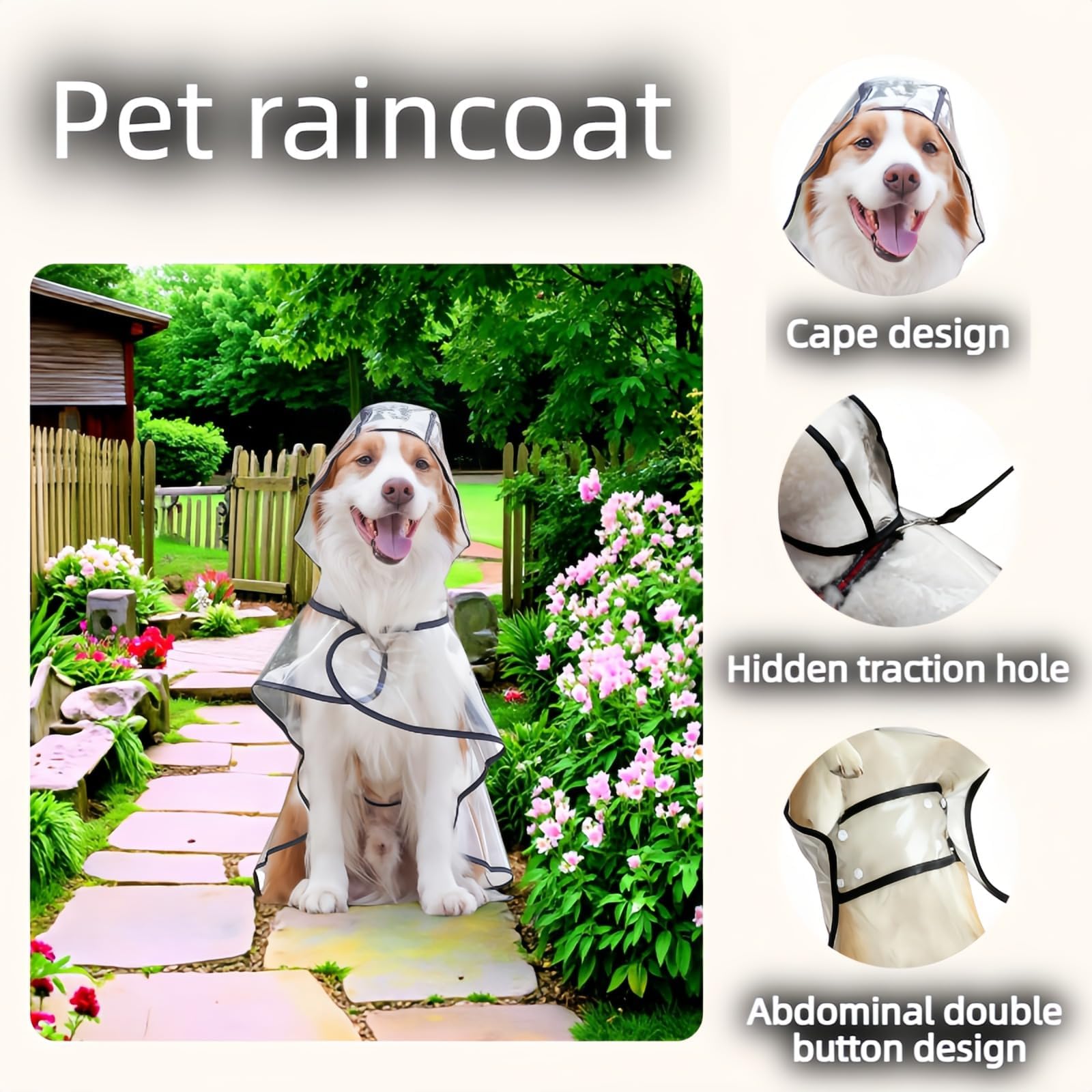 Imperméable pour Chien, Imperméable pour chien avec capuche, Poncho de Pluie en PVC Transparent, Boutons Réglables, pour chiens de petite et moyenne taille (L)