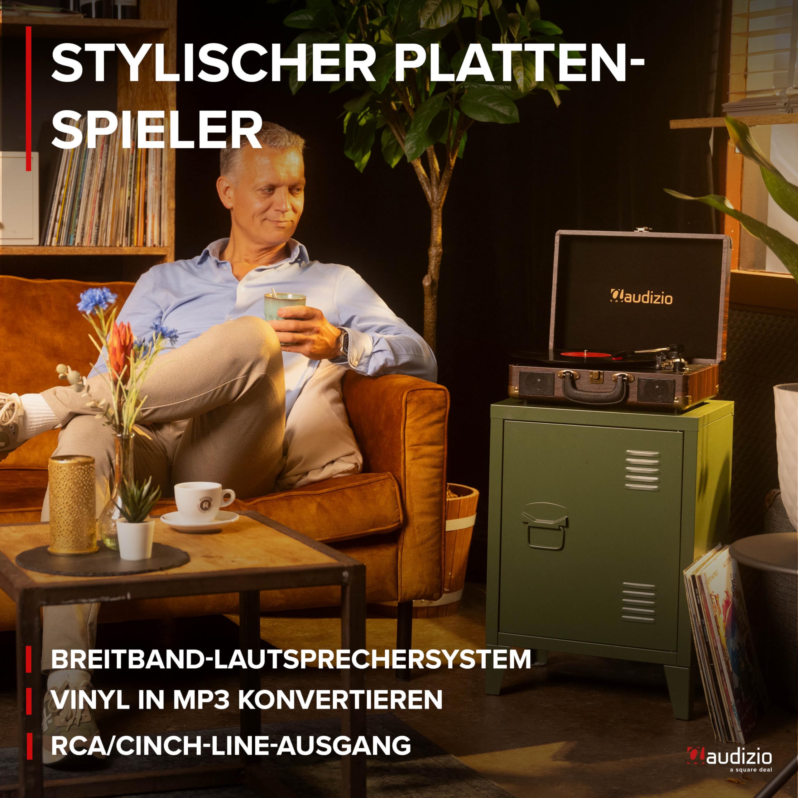 Audizio RP116DW Plattenspieler mit Lautsprecher - Vinyl Player 3-Gang Antrieb, Plattenspieler Bluetooth 5.0, Schallplattenspieler mit Riemenantrieb 33/45/78, Auto-Stop, Digitalisieren mit USB, AUX