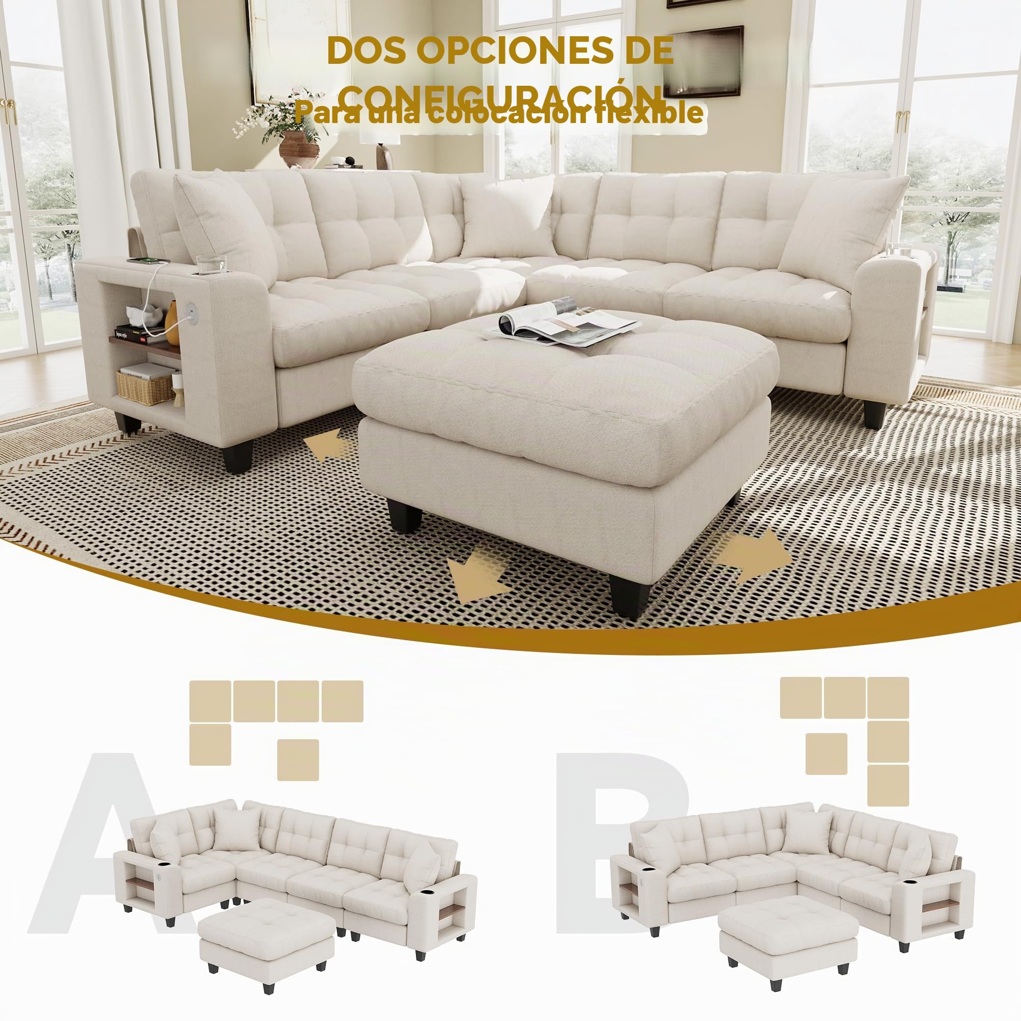 Sapgaks Sofá modular moderno de 6 plazas, con USB y portavasos, sofá de esquina modular muy grande en forma de U/L, con reposapiés extraíble y apoyabrazos con estantería, tela de chenilla, beige