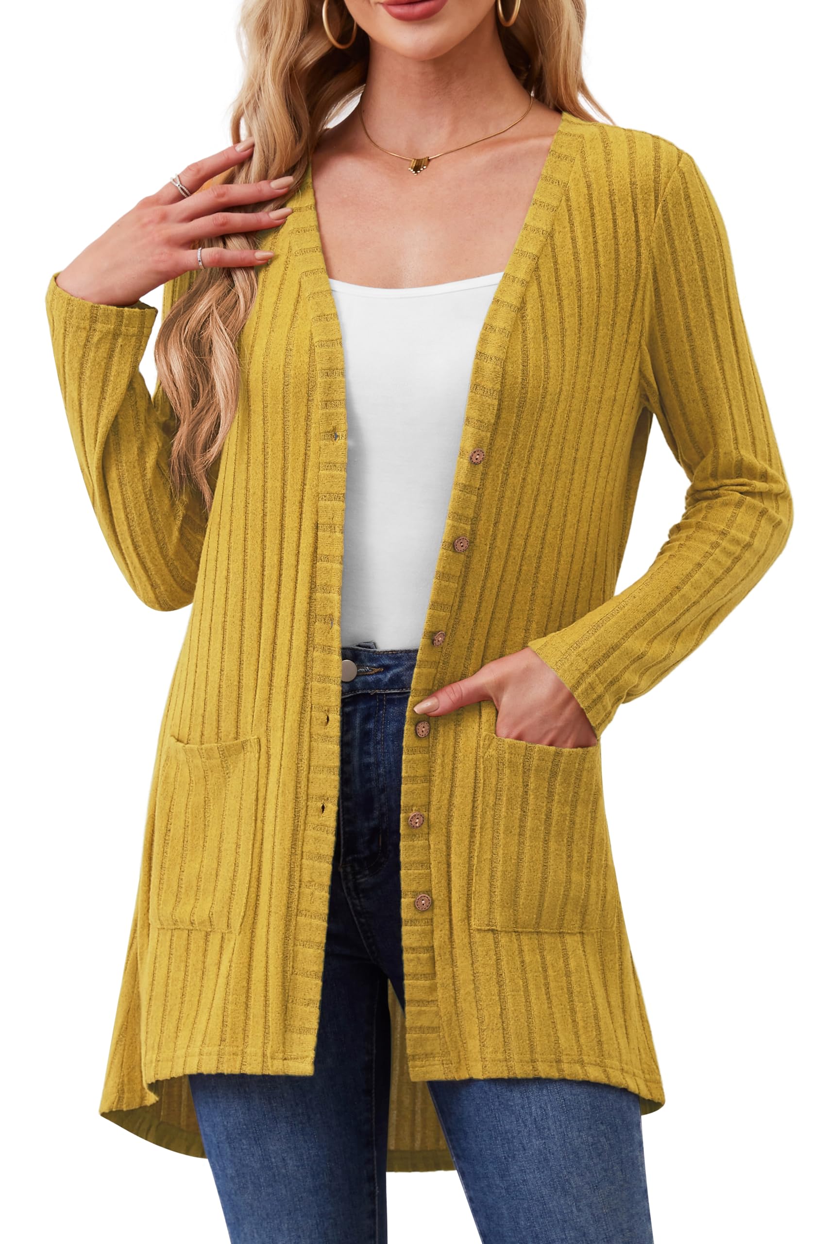 Women Cardigans Open Front Lightweight Button Down Duster Long Cardigan Vertical Stripes Pockets for Casual Fall