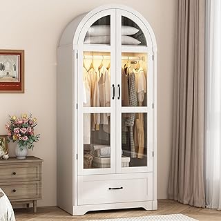 2 Doors Arched Armoire Wardrobe Closet w/Drawers,LED Light,Wooden Closet...