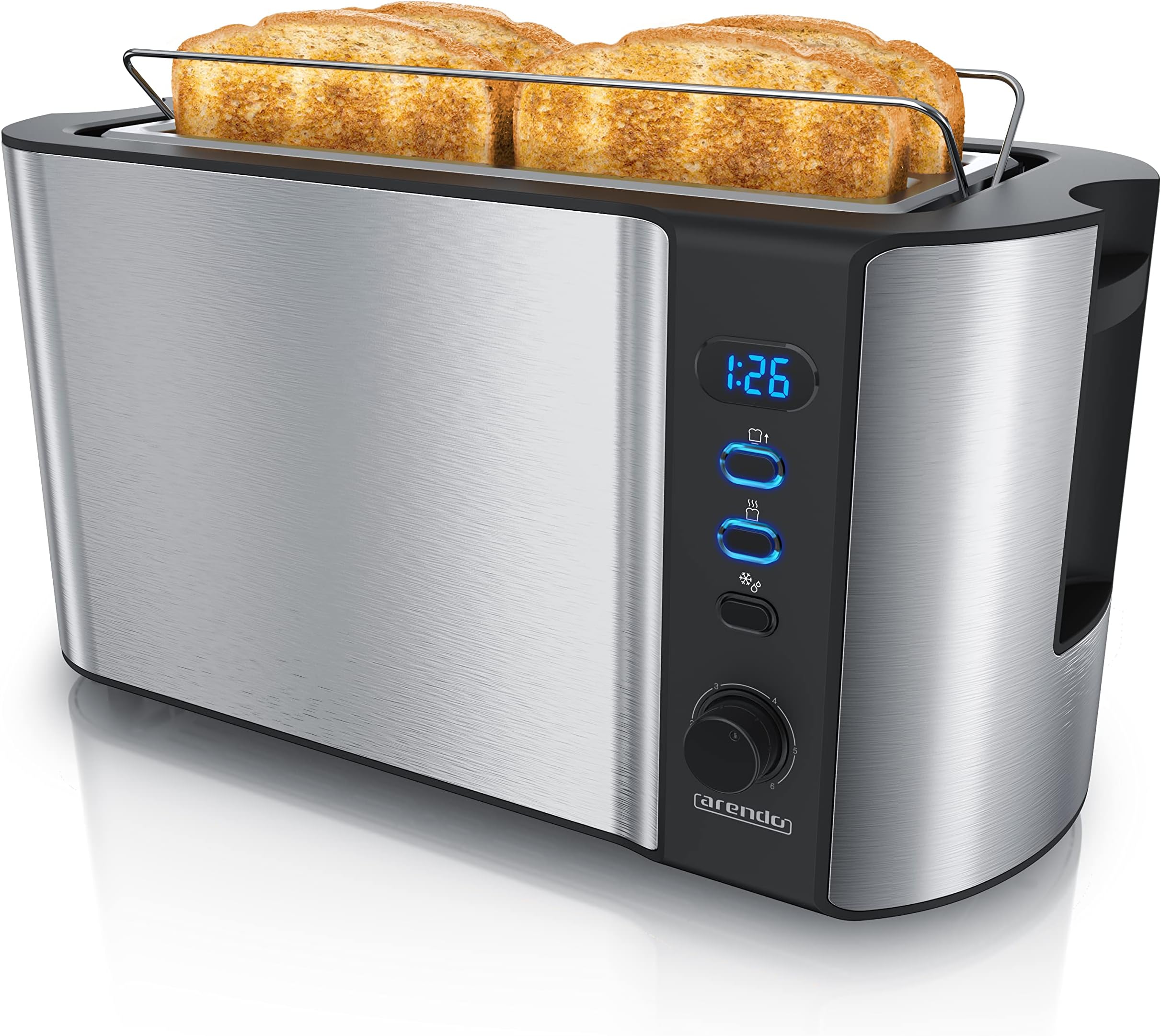 arendo - Frukost 4 slice long slot toaster - double wall housing โ with warming rack โ 6 browning settings โ auto bread centring โ reheat defrost cancel functionโ remaining time display