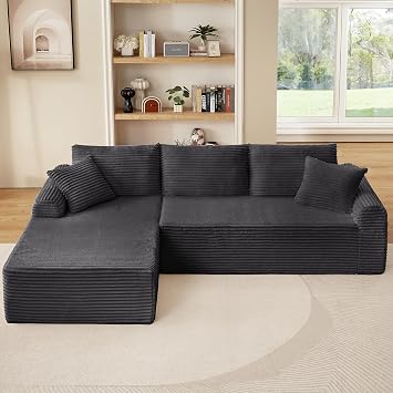 PILLOBOX Modular Chaise Lounge Set 2-Piece, Corduroy Sectional Sofa with Arched Armrests, Non-Slip Base, Includes 3 Back Cushions & 2 Throw Pillows Dark Gray