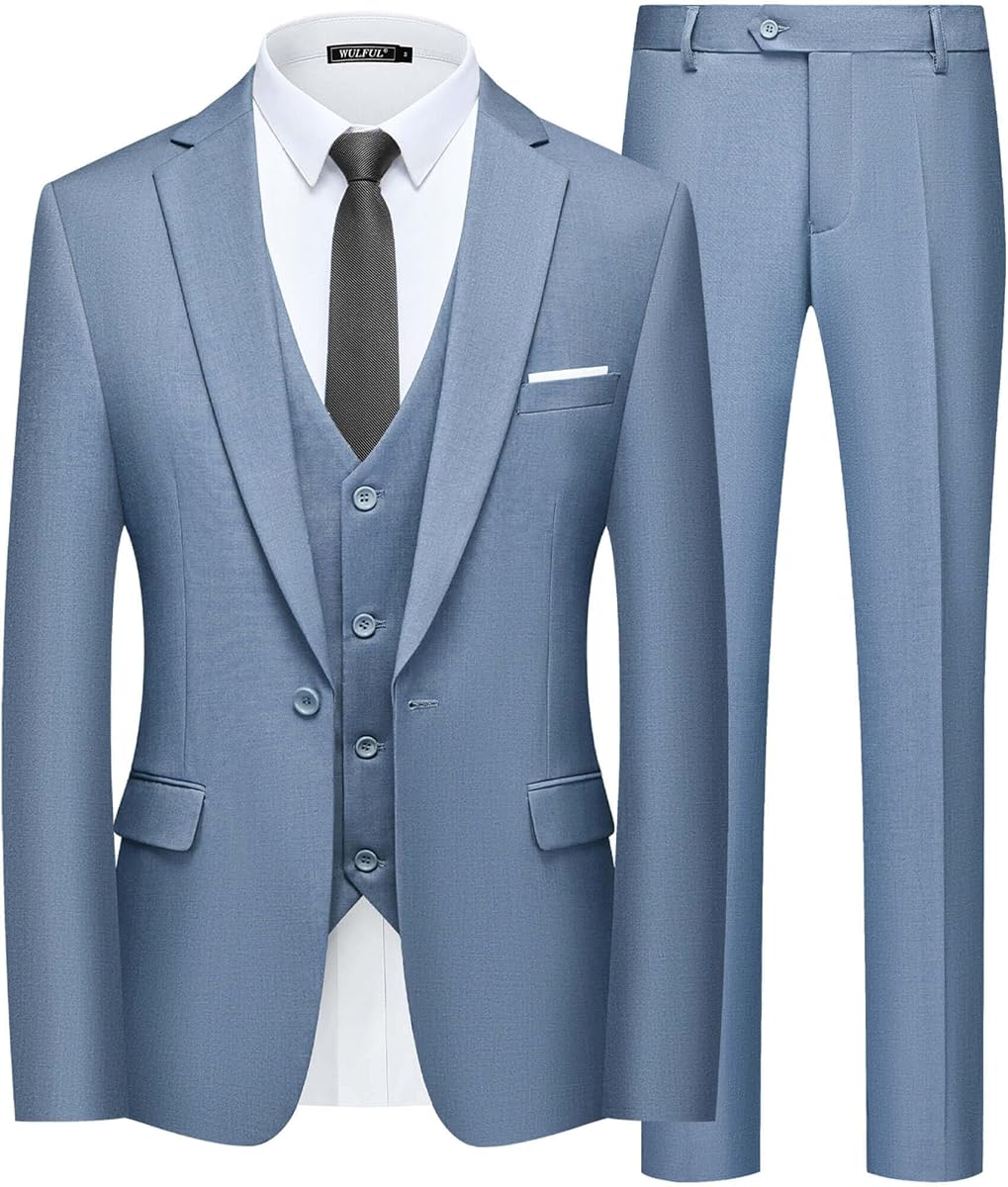 WULFUL Traje de corte entallado para hombre Vestido blazer de 3 piezas Vestido de novia de negocios Chaleco y pantalón