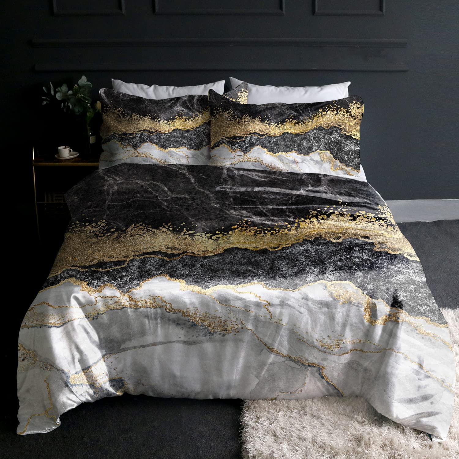 BlessLiving Marble Satin Double Bedding Sets Black White Gold Foil Marble Duvet Cover Set Abstract Marbled Quilt Cover 3 Pieces 1 Silky Duvet Cover 2 Pillowcases with Zipper Closure — image 1