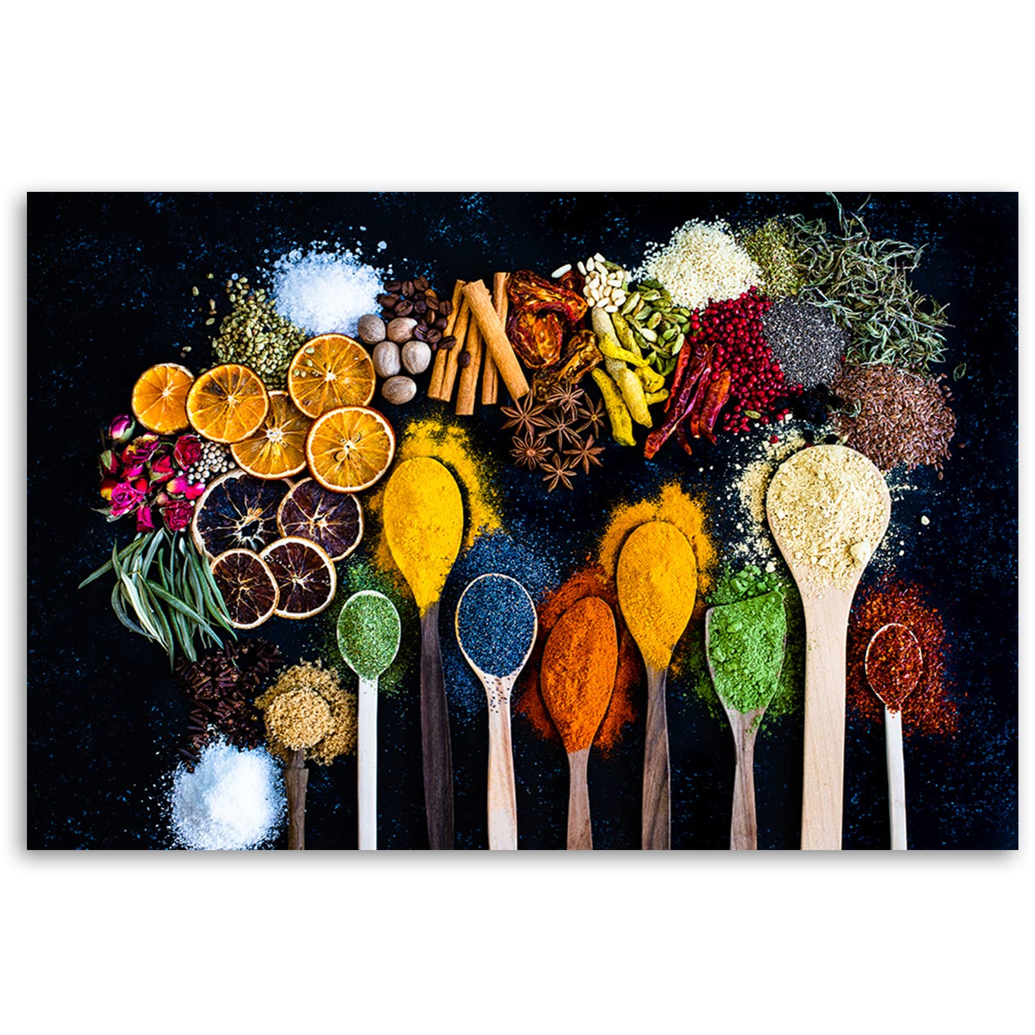 Feeby Wandbilder XXL Gewürze Kräuter Küche 115x75 cm Leinwandbild 1-teilig Kunst Bilder Schlafzimmer Deko Wohnzimmer Flur Pfeffer Essen Chili Löffel bunt