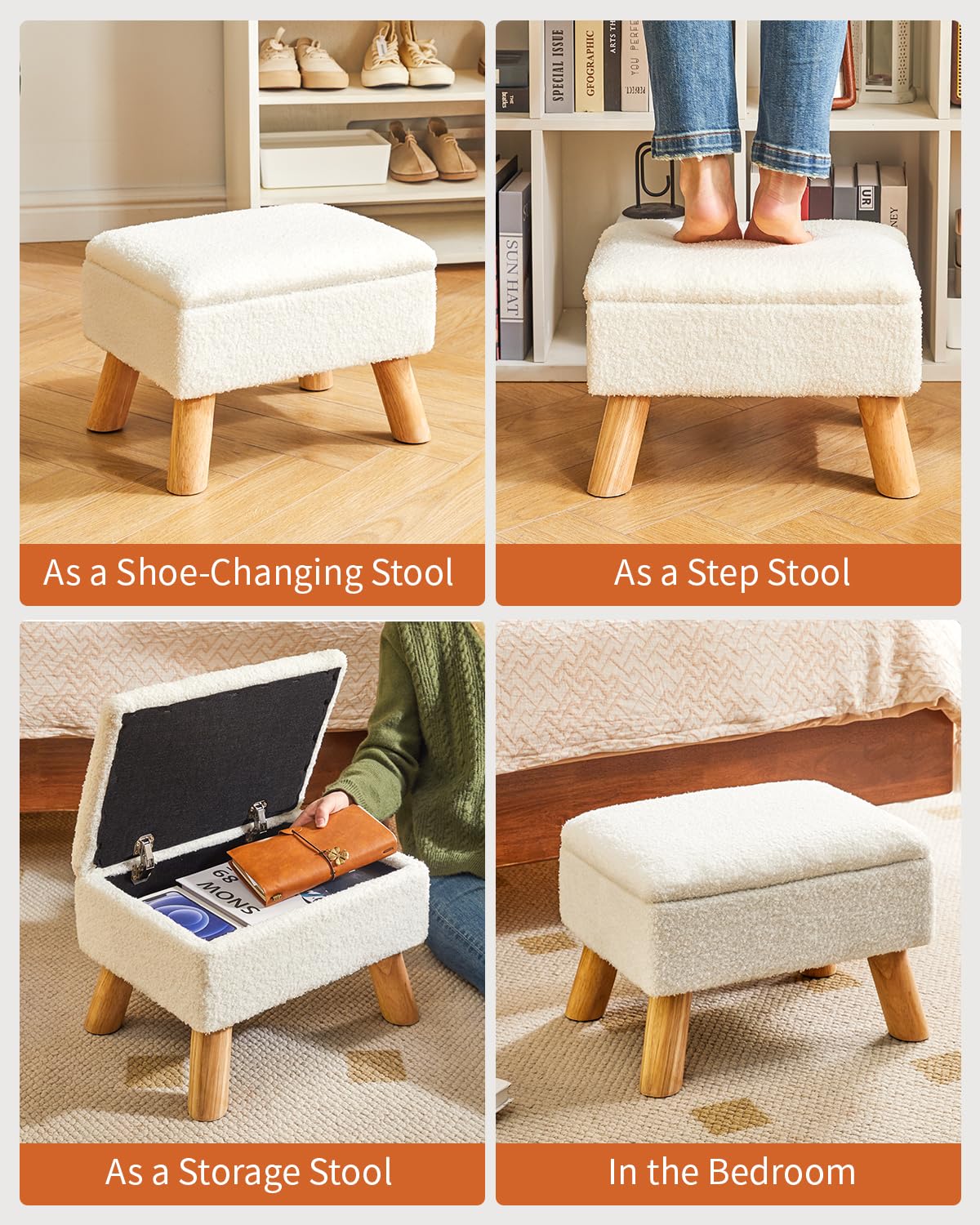 YMYNY Pouf de rangement, repose-pieds avec pieds en bois robustes, repose-pieds avec siège rembourré, pour salon, chambre à coucher, canapé, Enterway - 40 x 30 x 28 cm, blanc HBD042W
