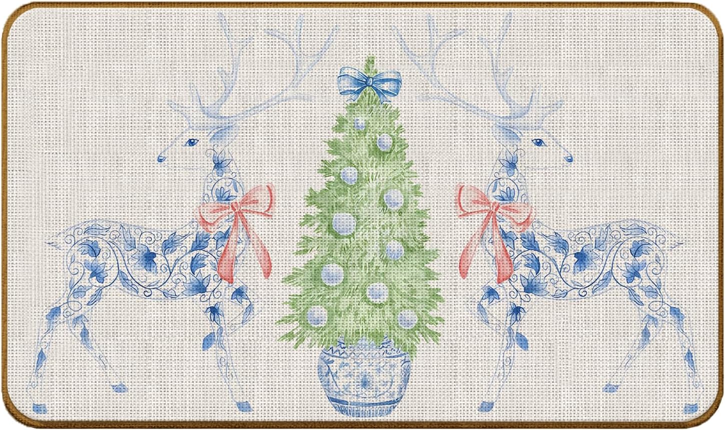 Christmas Tree Doormat,Chinoiserie Blue and White Porcelain Tree Welcome Mat,Bow Deer Colored Ball Non-Slip Door Mat for Front Door Outdoor Bathroom Home Decor,Chinoiserie Christmas Decor
