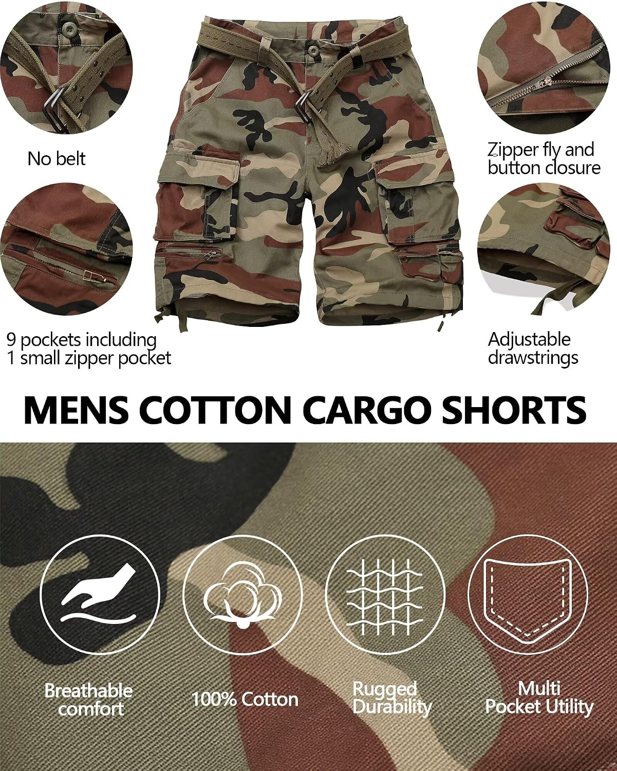 KOCTHOMY Mens Cargo Shorts Cotton Relaxed Fit Zipper Pocket Camo Casual Work Shorts with 9 Pockets No Belt