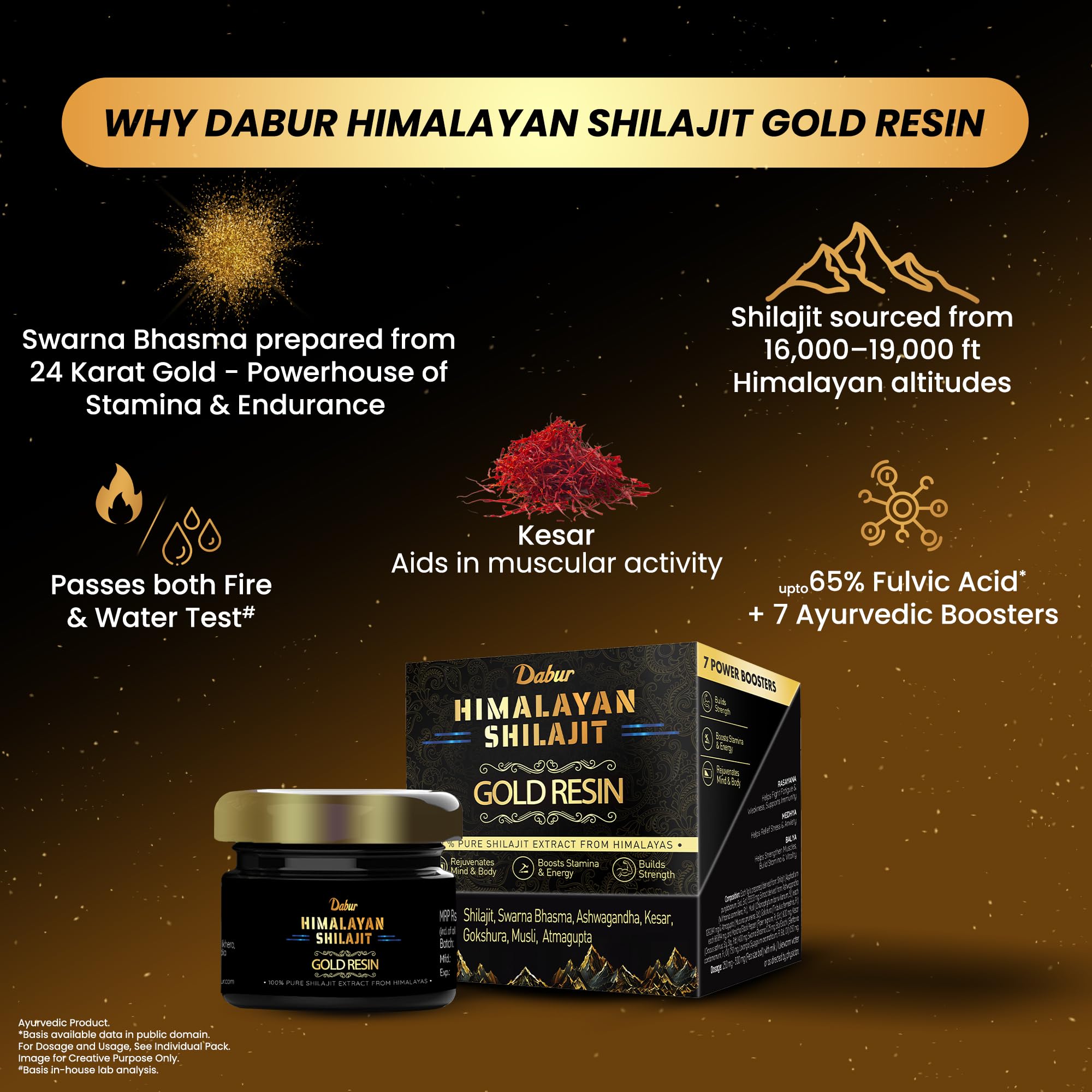 Dabur Himalayan Shilajit/Shilajeet Gold Resin - 20g | 500mg/Serving | 40 Servings | Contains 24 Karat Gold | 7 Ayurvedic Boosters | Boosts Muscle Growth & Stamina | 100% Ayurvedic 1