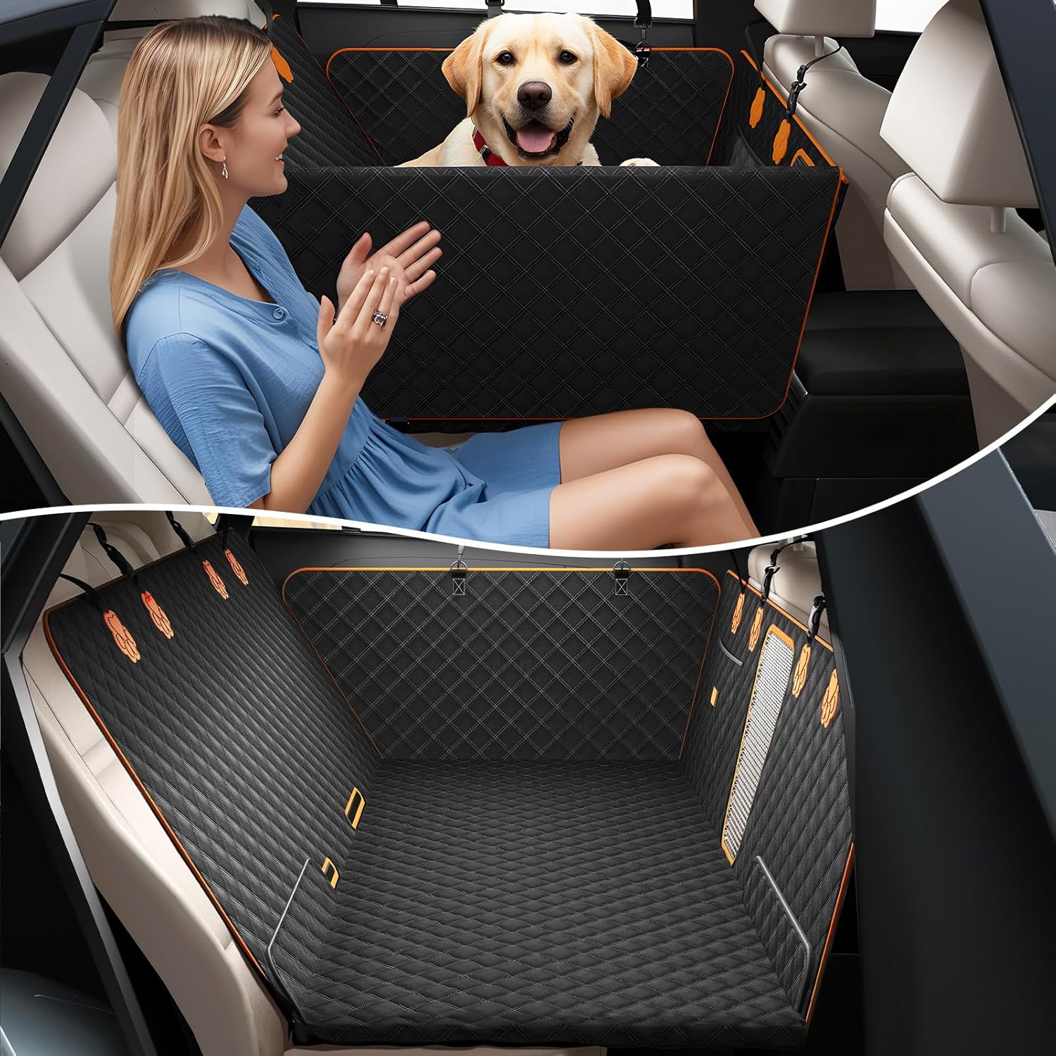Back Seat Cover for Dogs - Waterproof Dog Car Seat Cover for Back Seat with Hard Bottom Holds 400 lbs, Upgrade 2-in-1 Design Dog Hammock for Car & SUV and Trucks, Easy to Use and Clean