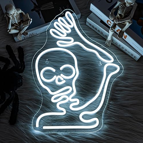 Miniatura 8 de Looklight Letrero de neón de calavera de esqueleto para decoración de Halloween, luces LED de esqueleto de Halloween para dormitorio, puerta