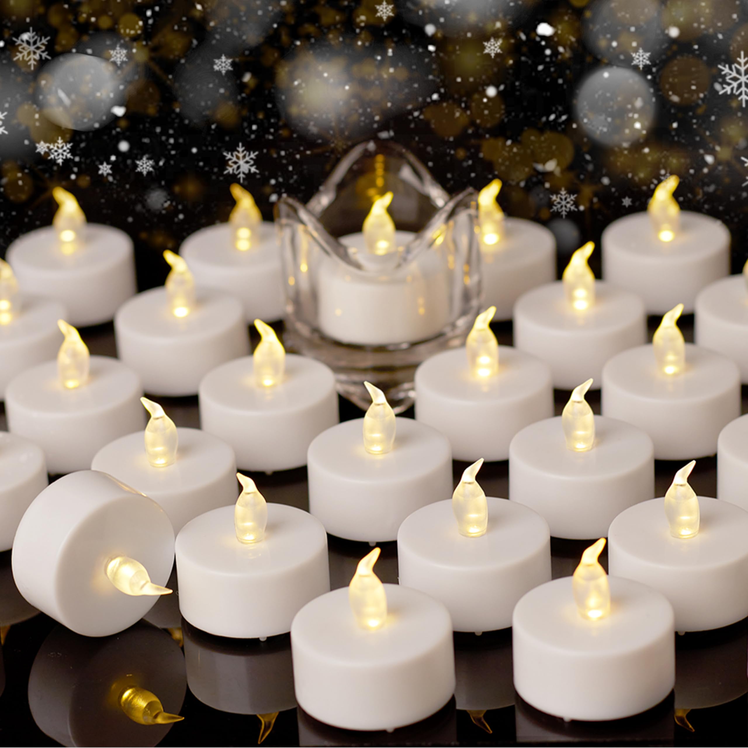 Auralome Flickering Tea Lights Candles - LED Battery Powered Operated Flameless TeaLights Warm White 50-Pack Small Electric T Light Fake Bright Candle for Votive Wedding Halloween Festivals Home