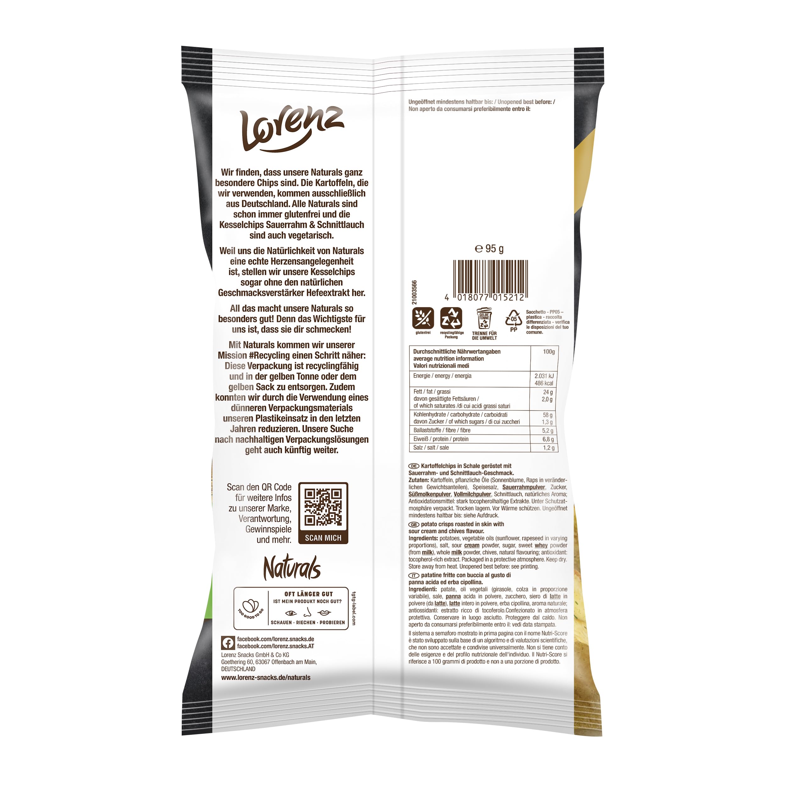 LORENZ | Naturals Kesselchips Sauerrahm & Schnittlauch Geschmack | 12 x 95 g | vegetarisch