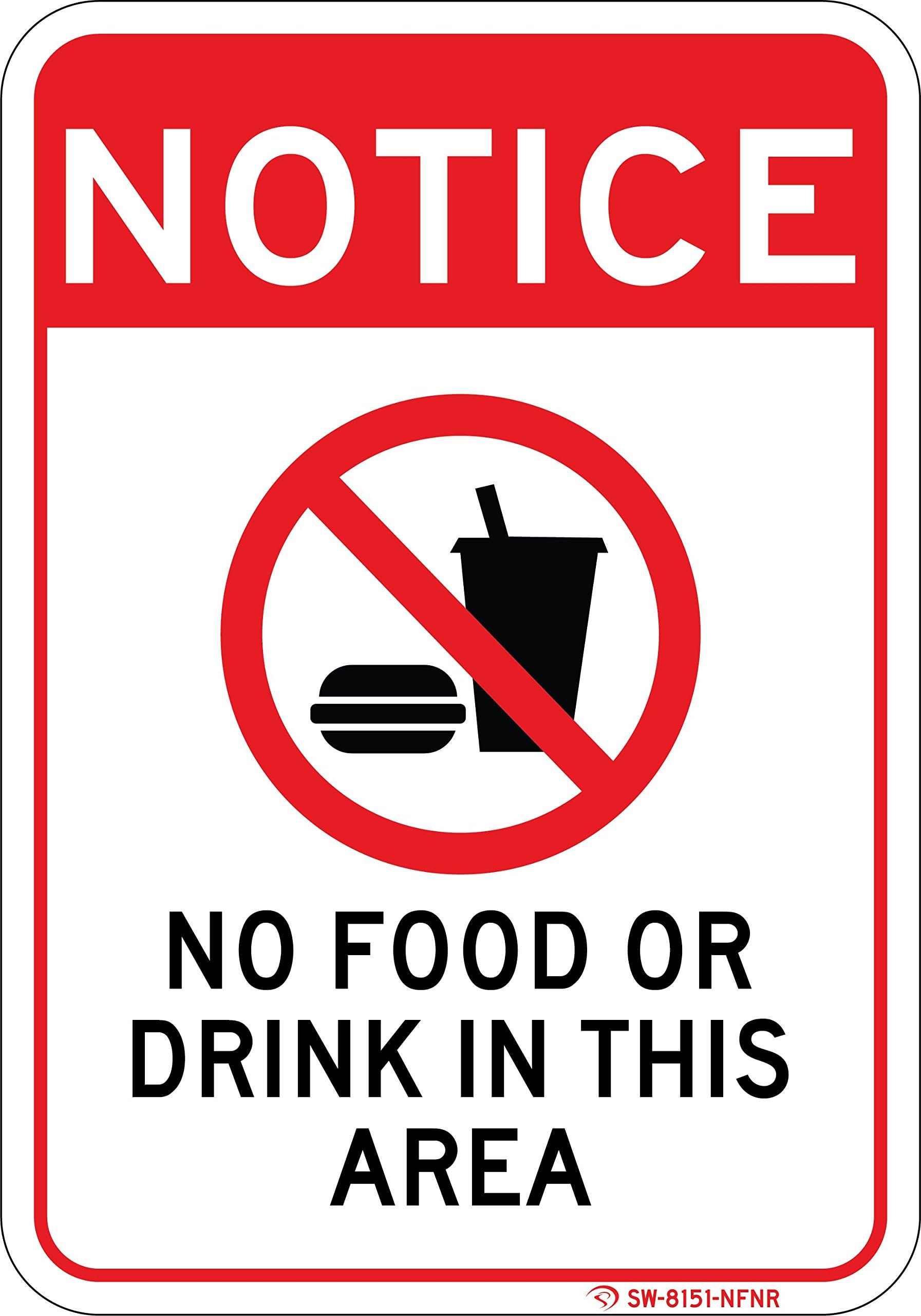 No Food or Drink in This Area Sign. Easy to Read 7"x 10" Commercial Aluminum. Never rusts or Fades. Clearly Lets Everyone Know That Food is not Allowed. Please Don't eat here. Installs Anywhere