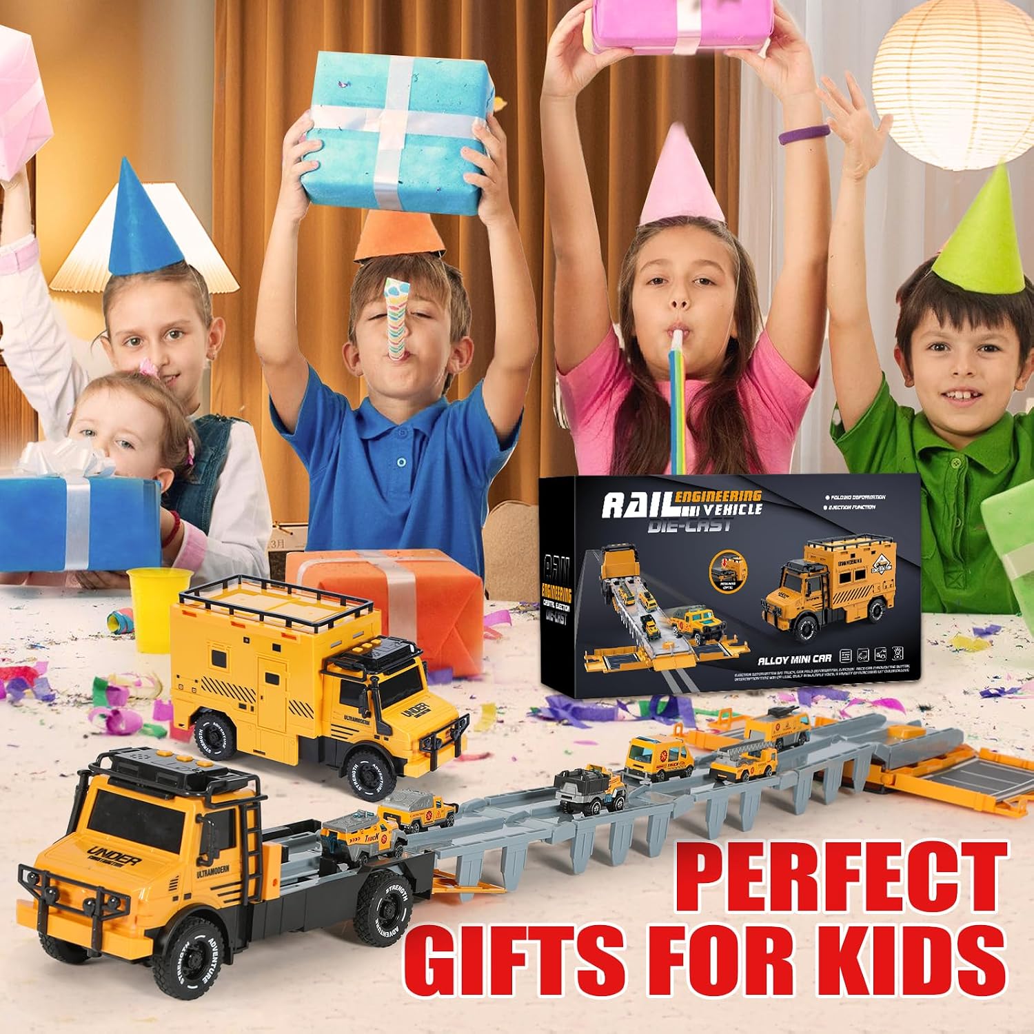 Versatile Transforming Truck with Race Tracks for Kids Ages 3-7 - Foldable Car Toy with Dual Launchers, 6 Cars, and Sounds, Ideal Gift for Boys and Girls Yellow
