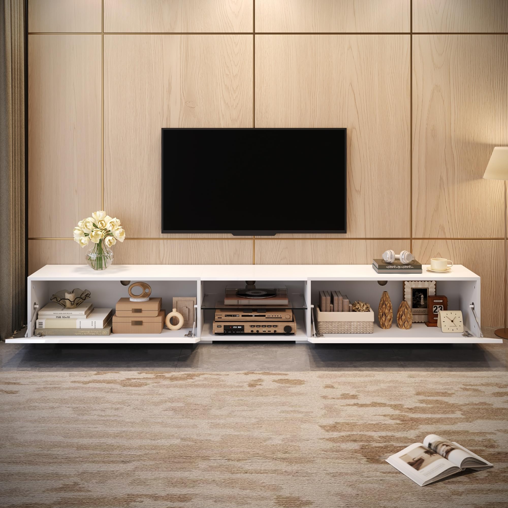 Meuble TV Blanc avec Portes Laquées Brillantes, Meuble TV LED avec Rangement et Étagère Transparente, Meuble Tele avec Éclairage LED, Support pour TV Jusqu’à 50 kg, 200x30x30 cm