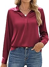 Zeagoo Women's Satin Button Down Long Sleeve Silk V Neck Elegant Casual Loose Work Office Tunic Autumn Shirt