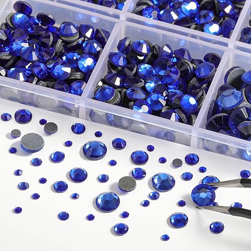 Miniatura 4 de 6736 diamantes de imitación termoadhesivos con parte trasera plana, diamantes de imitación azul real para manualidades, ropa mezclada en 5 tamaños,