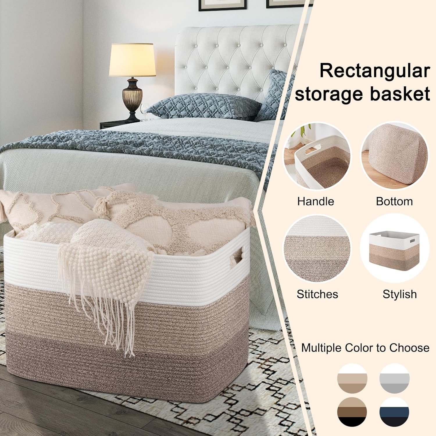 OIAHOMY 118L Extra Large Blanket Basket, Rectangle Woven Cotton Rope Storage Basket,Used for storing Dirty Clothes, Stuffed Animal Toy Storage for Living Room,Kids Room,25" x 17" x 16", Gradient Brown