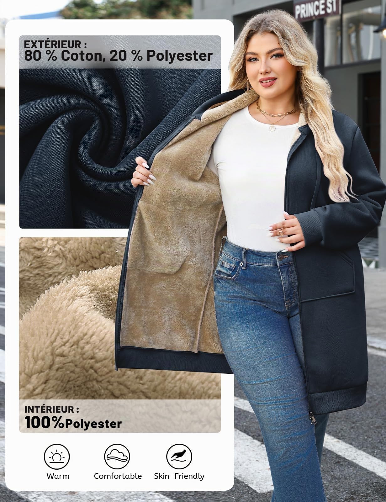 CMTOP Longue Sweat Zippé Femme Cotton Chaud Veste à Capuche Oversize Casual Manteau en Polaire Grand Taille avec Poches Hoodie Chic et élégant Automne Hiver Outerwear