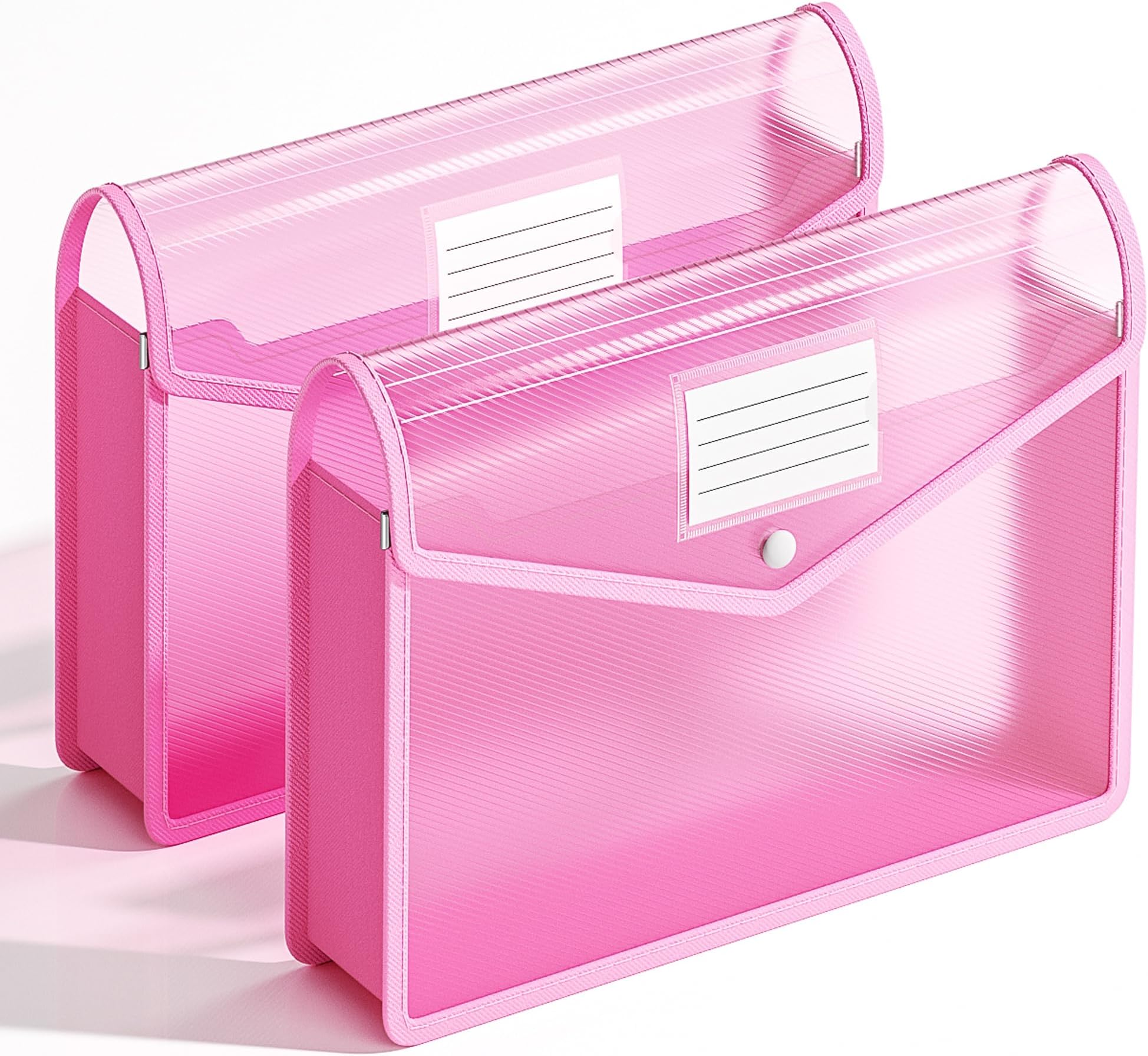 2 Pack Plastic Expanding File Folder, Transparent envelopes with Snap Closure, Fit Letter/A4 Size for School/Office/Home/Hospital, No Dividers, Large Capacity（Pink）