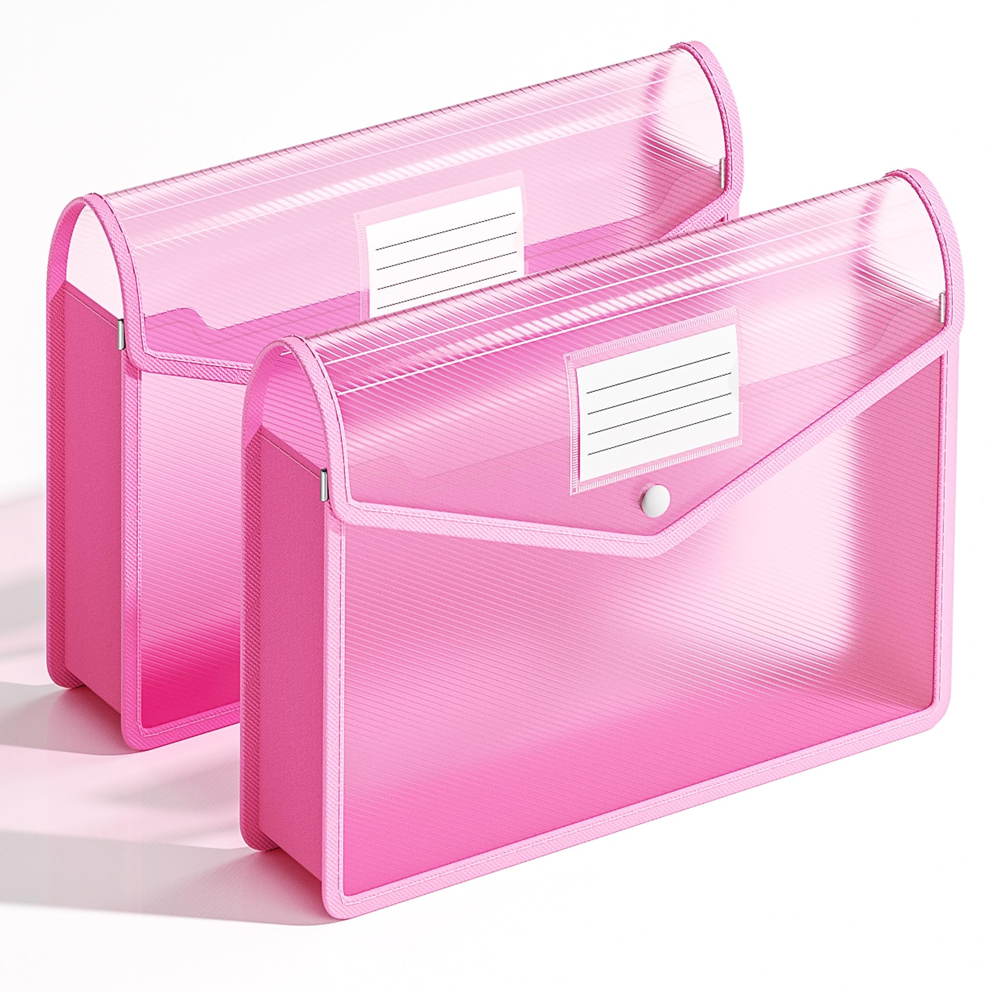 XingDuing 2 Pack Plastic Expanding File Folder, Fit Letter/A4 Size, Pink | Transparent Envelopes with Snap Closure, No Dividers, Large Capacity, File Folders for School/Office/Home/Hospital